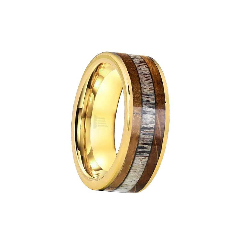 14K Gold Whiskey Barrel Wedding Ring for Men - 8mm Comfort Fit Tungsten Band with Deer Antler Inlay - Bourbon Barrel Wood Ring - Perfect Anniversary Gift for Him - Great for Weddings, Engagements & Special Occasions