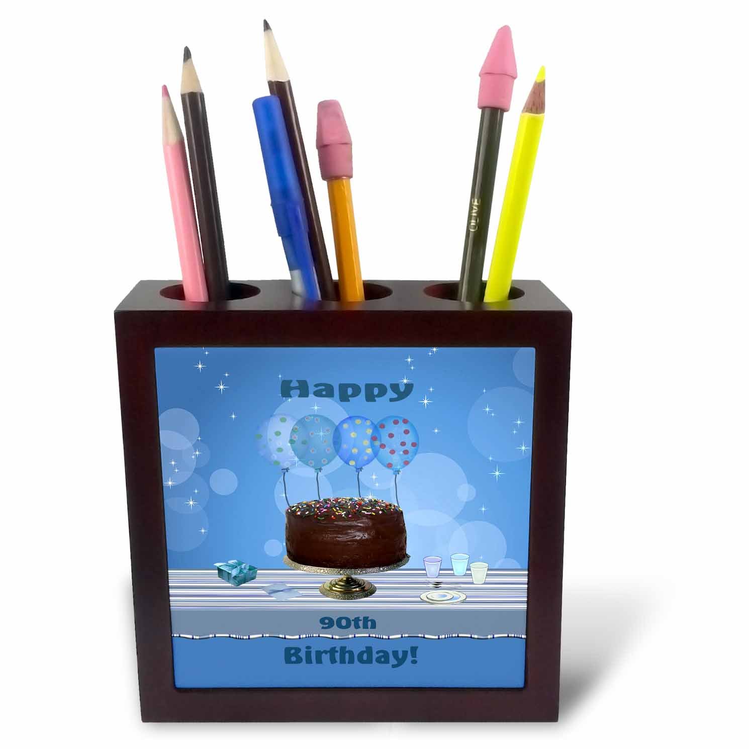 3dRose 90th Birthday Party Tile Pen Holder with Chocolate Cake & Blue Balloons - 5-Inch Desk Organizer for Office, Home Decor & Gift Ideas
