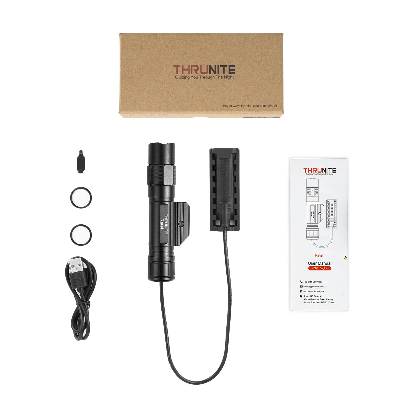 ThruNite Ratel Weaponlight Max 1635 Lumens USB-C Rechargeable Tactical Flashlight with 1913 Picatinny Rail Mount - Cool White - Ideal for Hunting, Camping, Home Defense & Emergency Preparedness