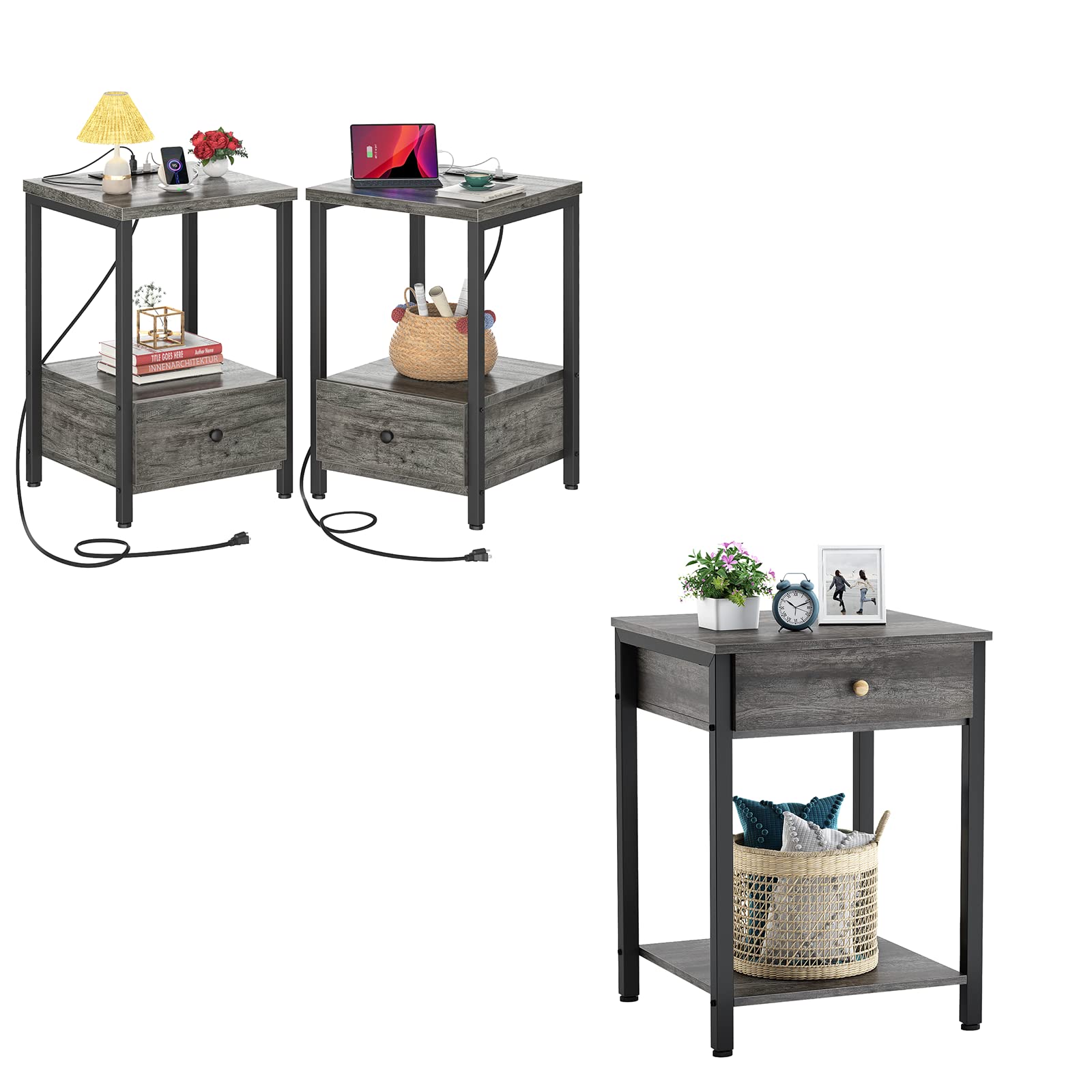 Industrial Nightstand Set of 2 with Drawer & USB Charging Station - Modern Grey Bedside End Tables for Bedroom, Living Room & Office