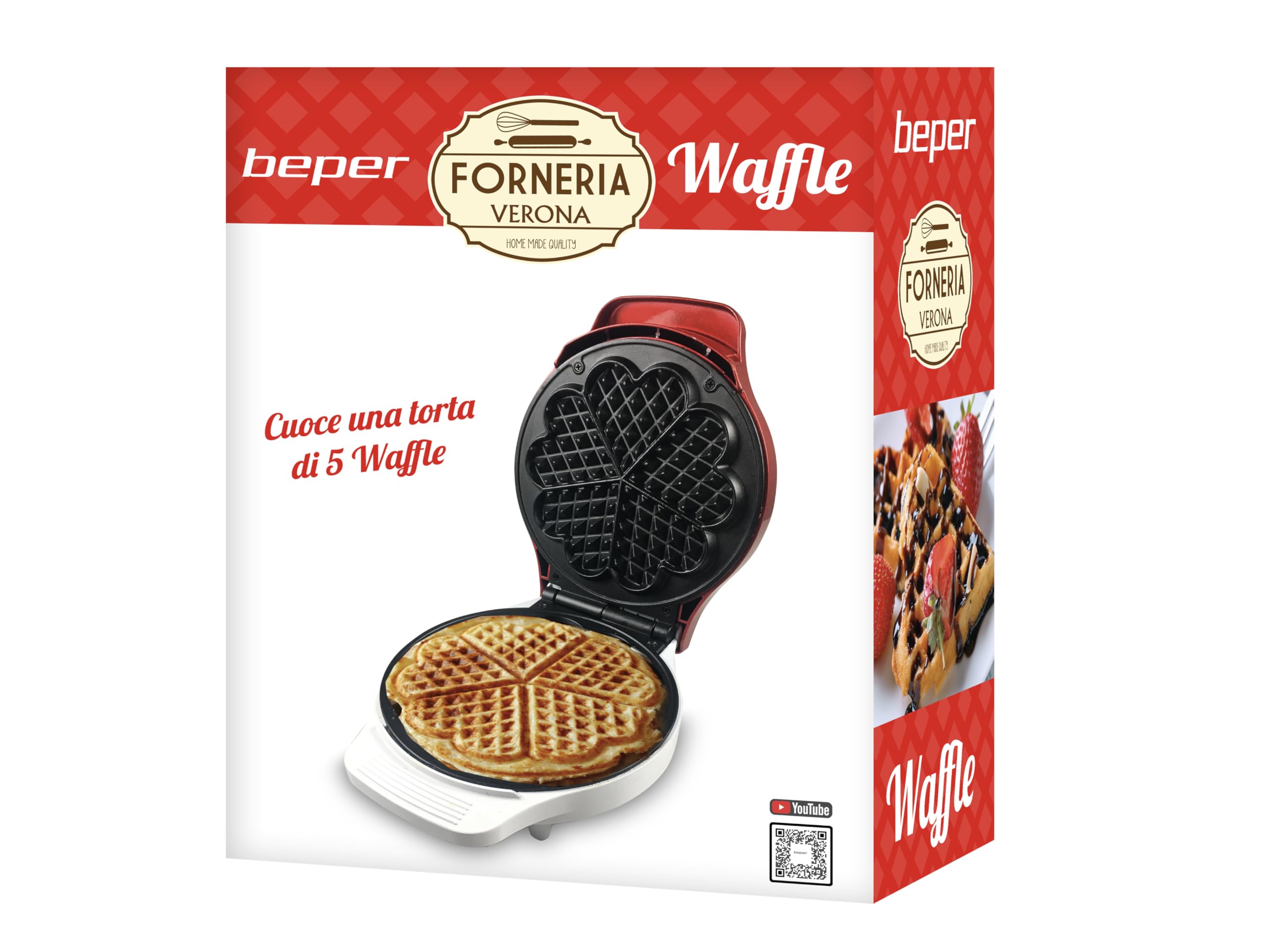 Beper Waffle Maker - Non-Stick 18cm Waffle Iron, Makes 5 Waffles at Once, 800-1000W (Red/White) - Perfect for Breakfast, Brunch & Family Gatherings