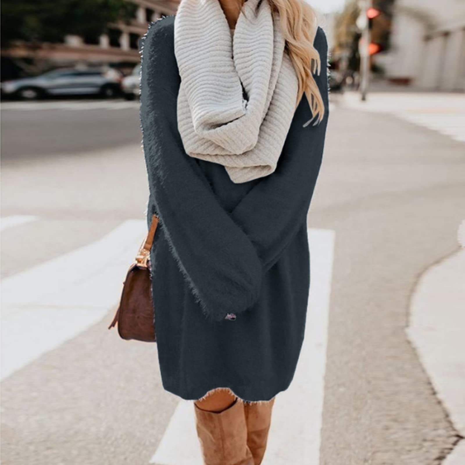 Exhloag Vintage Knit Jumper for Women - Winter Warm Turtleneck Long Sleeve Pocket Sweater Dress | Cotton Y2K Knitted Pullover Loose Sweater | Perfect for Casual Outfits, Office Wear & Holiday Fashion