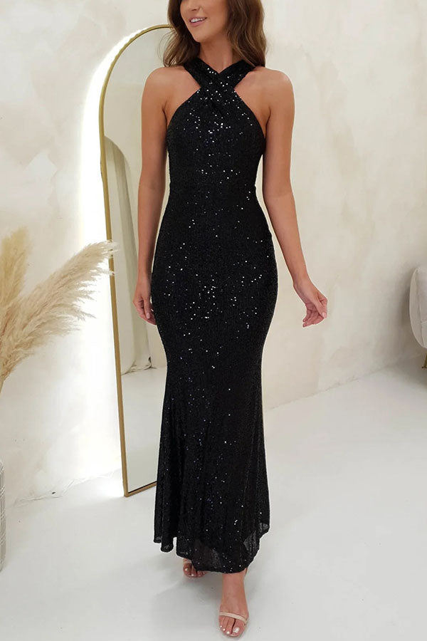 Sparkle Sequin Cross Halter Neck Backless Maxi Dress for Women - Elegant Evening Gown for Parties, Prom, Cocktail & Special Occasions