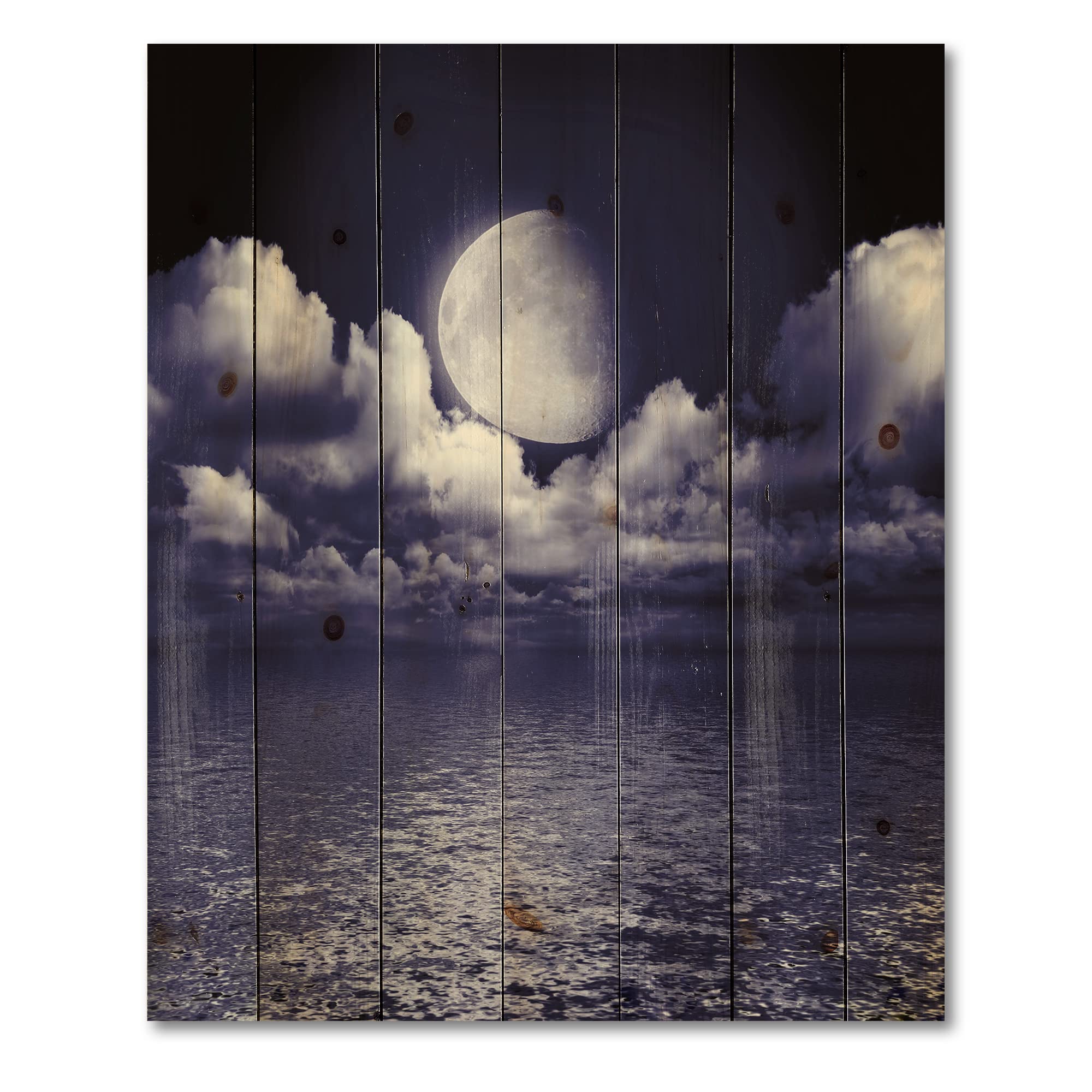 Full Moon Cloudy Night Sky Wood Wall Art - Coastal Decor for Living Room