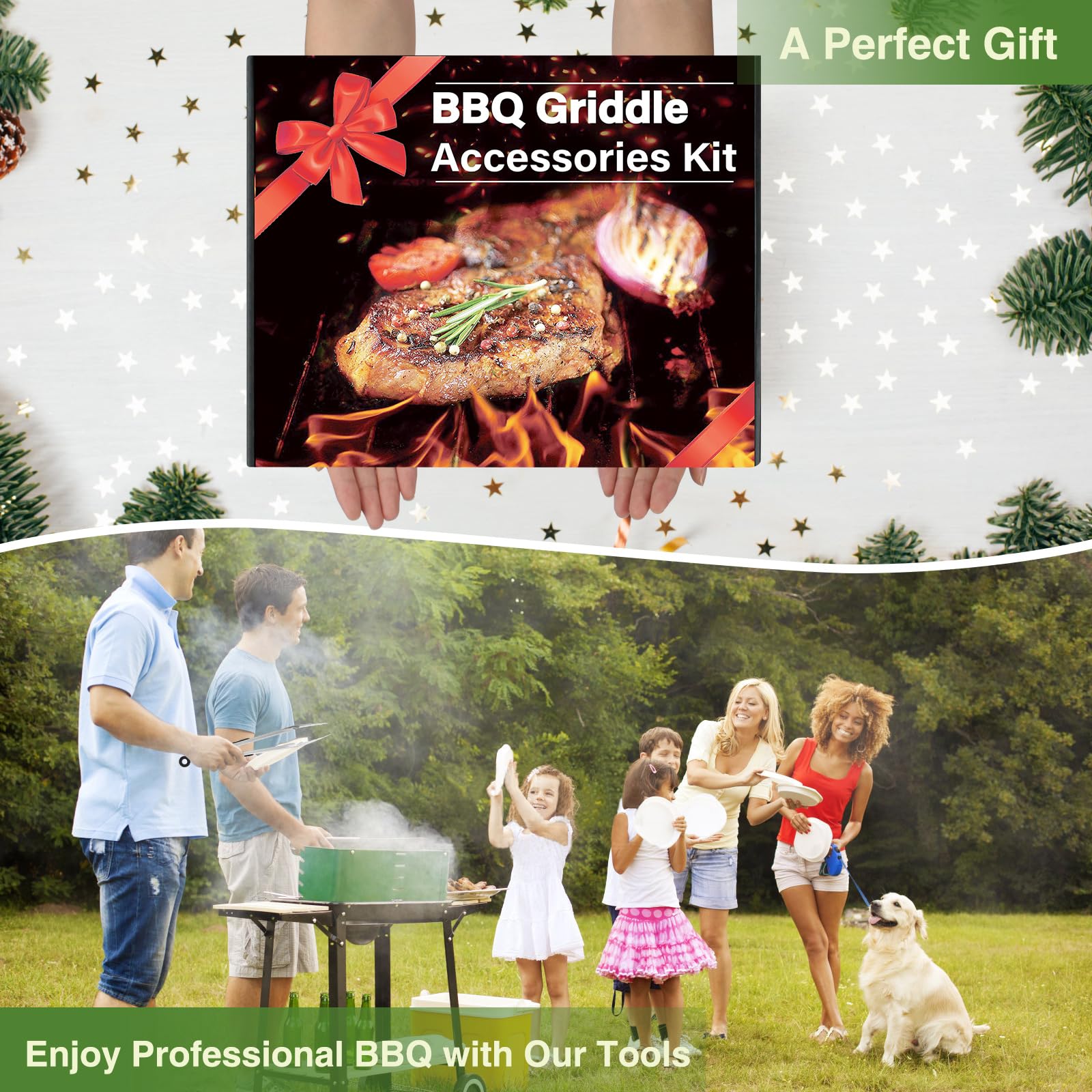 17PCS Griddle Accessories Kit for Blackstone & Camp Chef - Stainless Steel Spatulas, Basting Cover, Scraper, Tongs - Perfect for Outdoor BBQ, Camping & Backyard Cooking