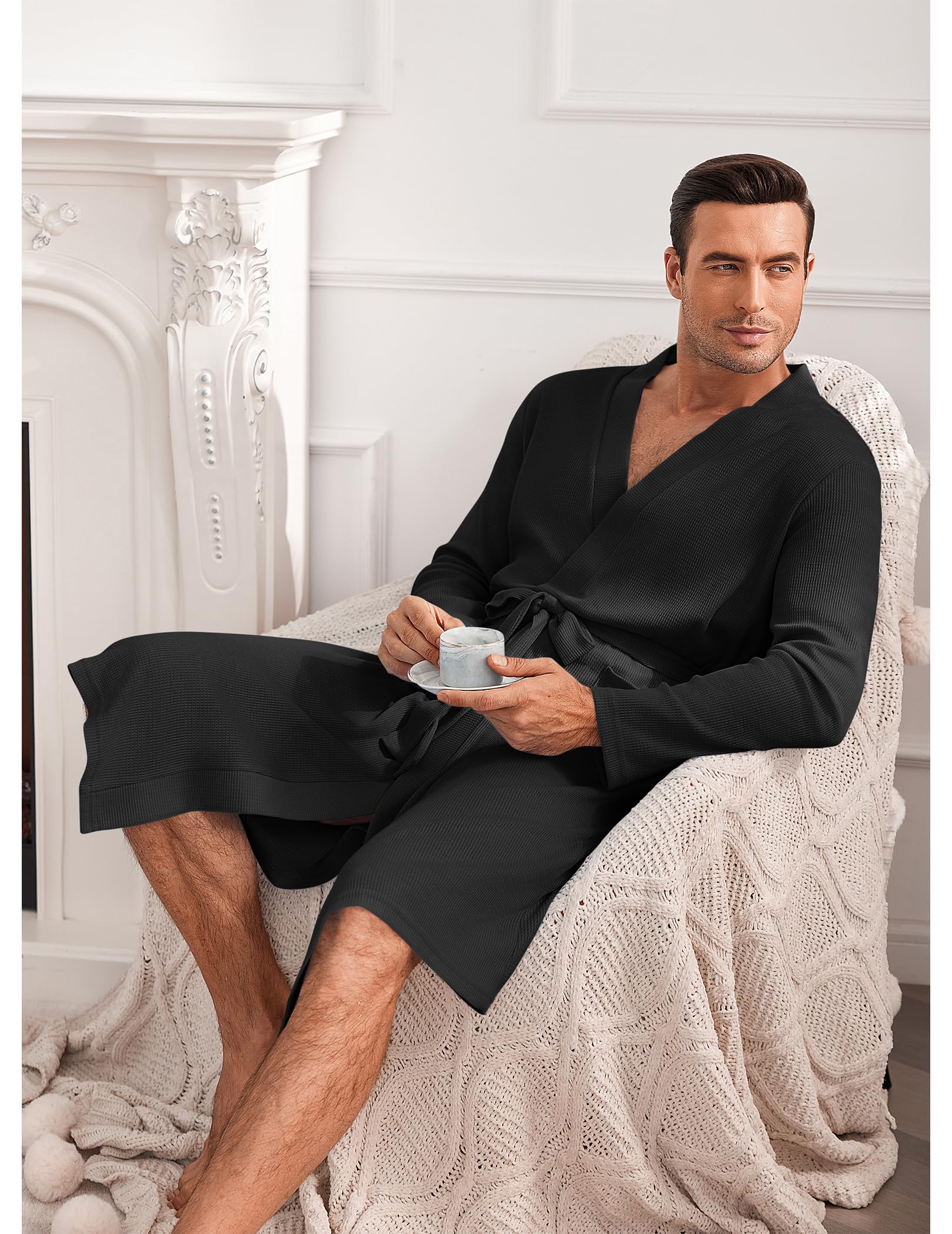 Ekouaer Men's Lightweight Waffle Knit Bathrobe - Soft Kimono Style Spa Robe with Pockets, V-Neck Long Sleeve Sleepwear for Shower, Lounge & Relaxation at Home