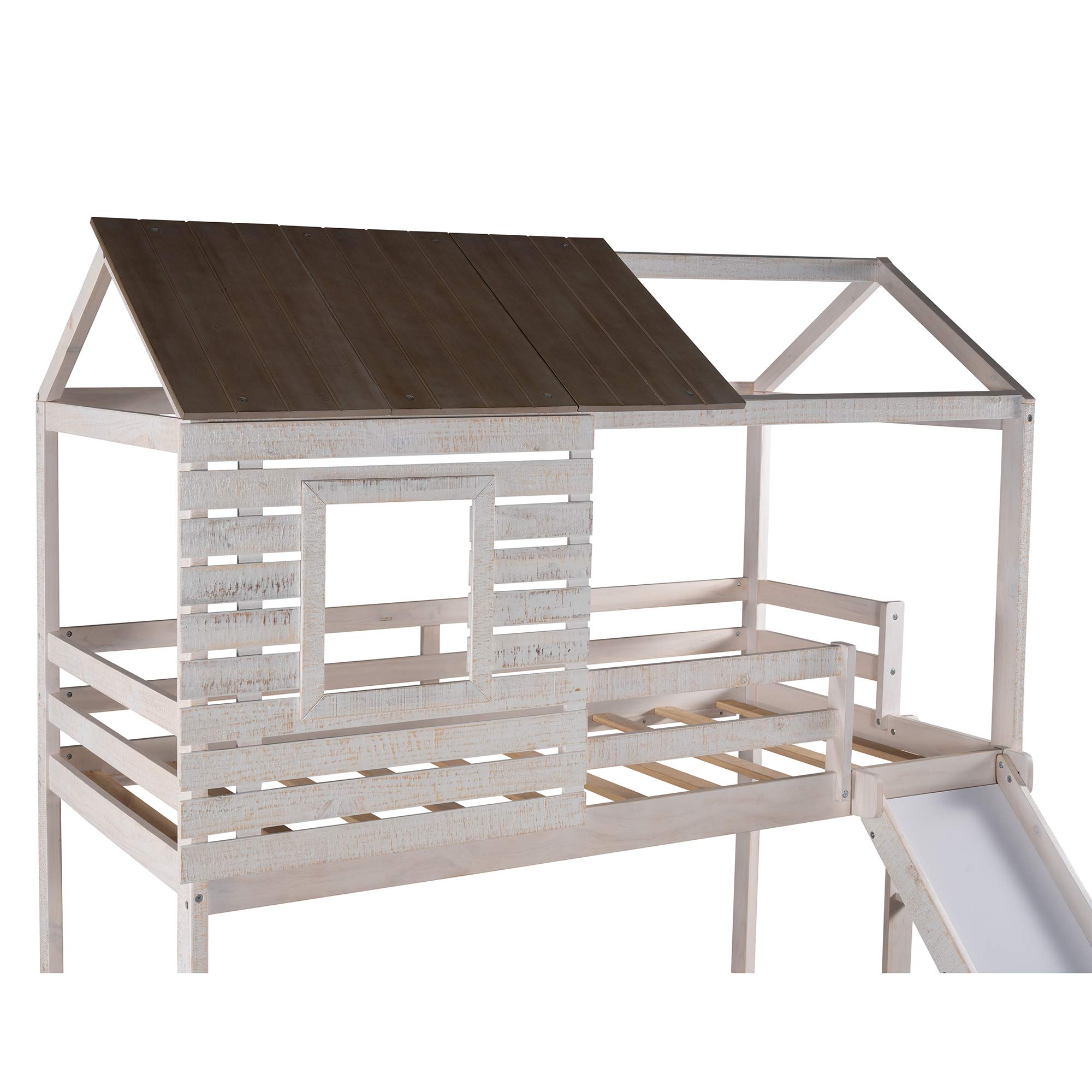 Twin Over Twin Bunk Bed with Roof, Window & Slide for Kids & Teens - Low Toddler Wooden Bunk Bed with 2 Storage Drawers, No Box Spring Needed - Perfect for Small Bedrooms, Playrooms & Sleepovers