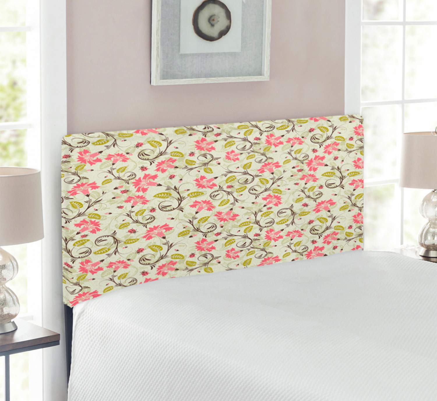 Ambesonne Ladybugs Upholstered Headboard - Twin Size with Memory Foam, Curved Floral Design & Retro Beetle Features in Pale Green & Pink | Perfect for Kids' Bedrooms, Nursery Decor & Whimsical Home Interiors