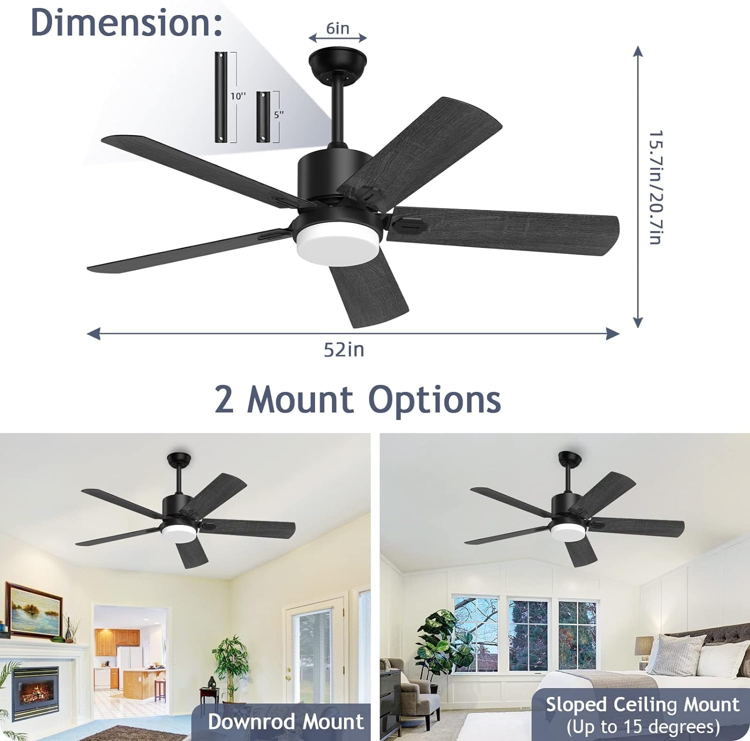 Black Ceiling Fan with Light - 6 Speed Adjustable, Noiseless DC Motor for Living Room & Bedroom - Walnut