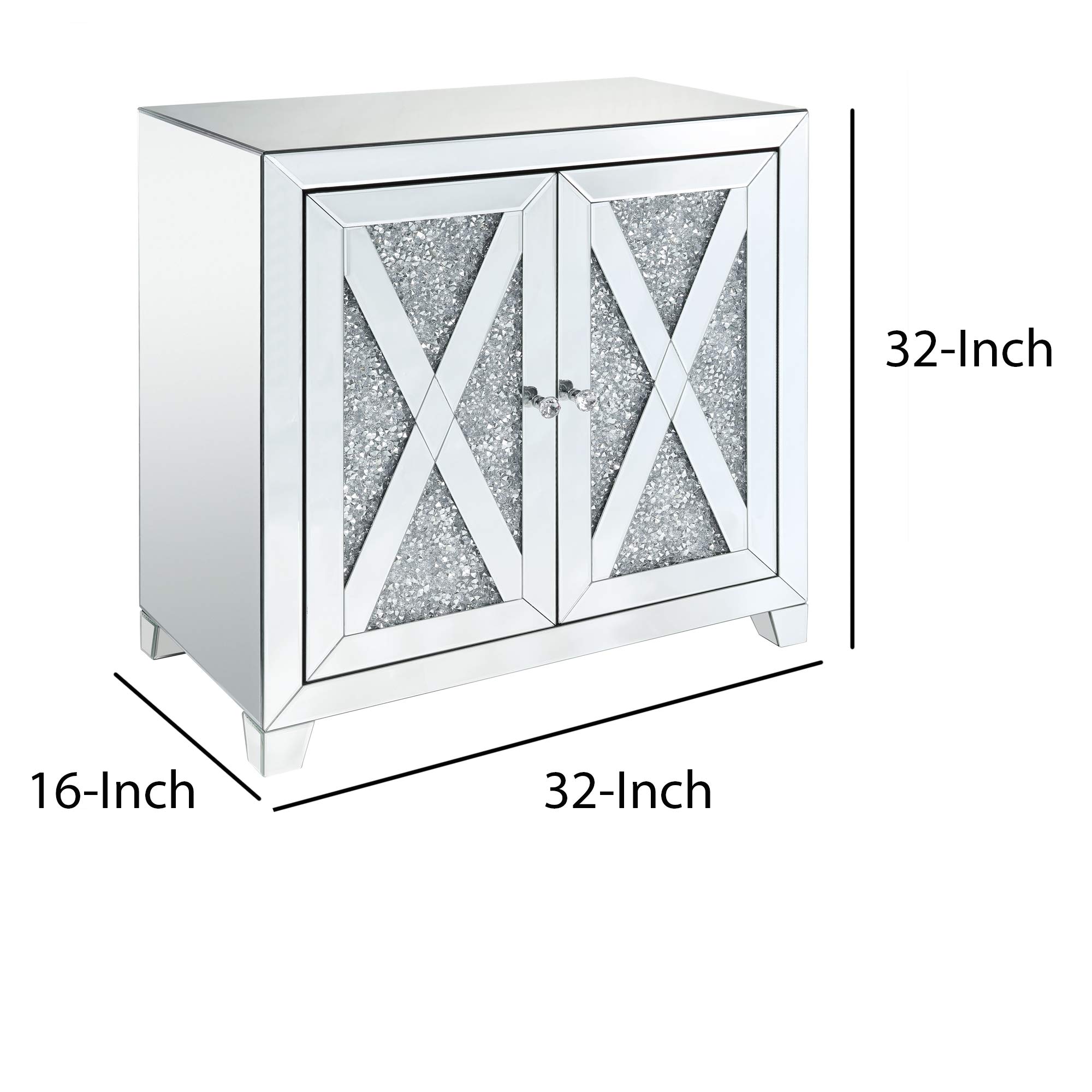Benjara Silver Storage Cabinet with Mirror Trim & X-Shape Design - Perfect for Bedroom, Bathroom, or Entryway Organization