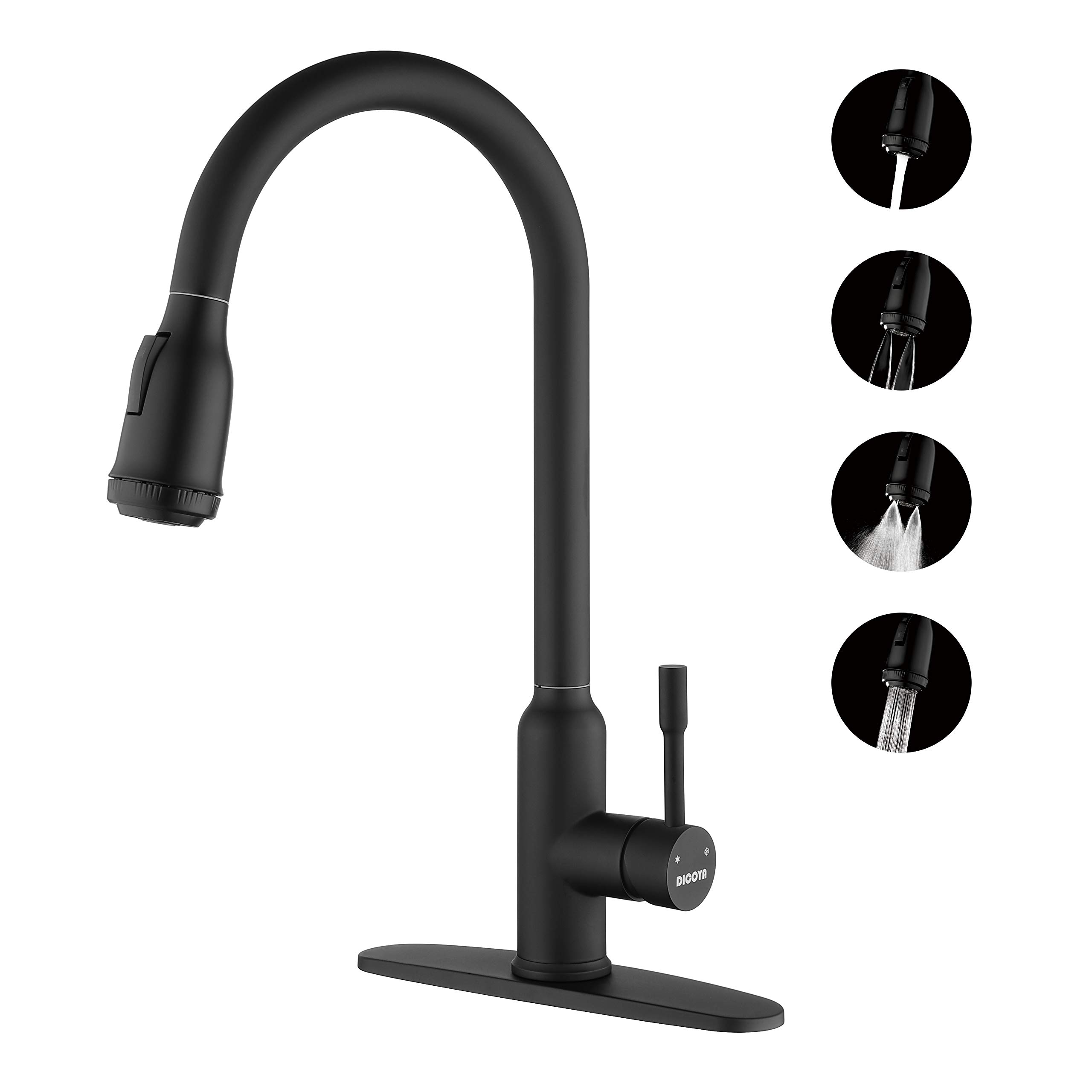DICOYA Black Matte Kitchen Faucet with Pull Down Sprayer - 4 Function Spray Modes, Power Rinsing, Easy Clean & Water Saving Design - 304 Stainless Steel Gooseneck Sink Faucet with Single Lever & Deck Plate - Perfect for Modern Kitchens, Restaurants & Commercial Use