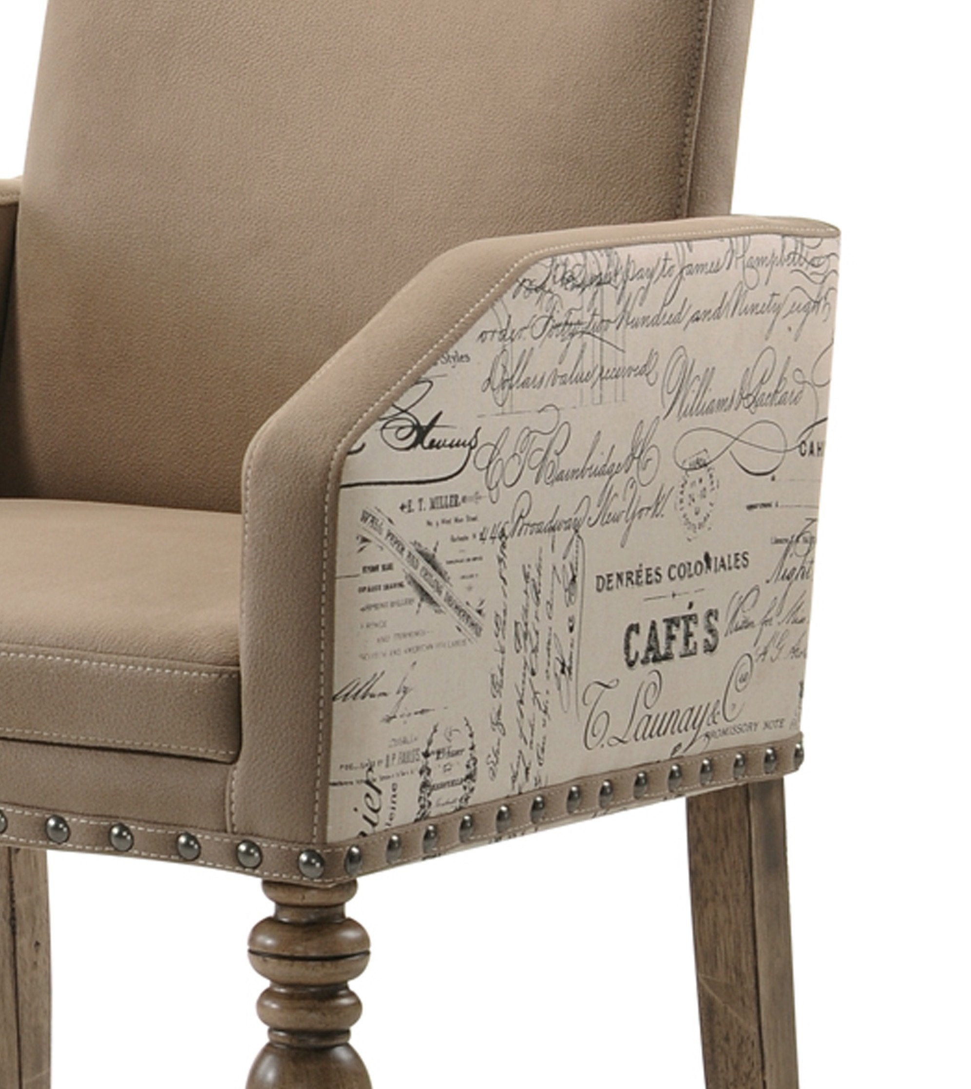 Roundhill Furniture Birmingham Script Printed Driftwood Finish Dining Arm Chairs with Nailhead Trim, Set of 2 - Farmhouse Style Kitchen & Dining Room Seating for Home Decor
