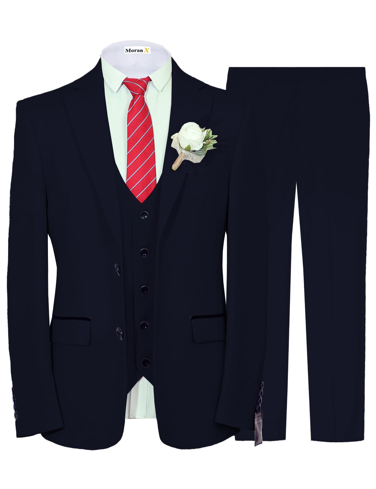 MoranX Men's Slim Fit 3 Piece Wool Suit - Formal Jacket, Waistcoat & Trousers Set for Wedding, Business, Party & Special Occasions