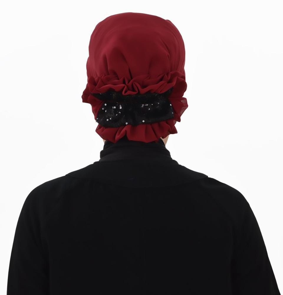 Instant Chiffon Turban Hijab with Sequin Embellishments - Red | Elegant Headscarf for Women, Perfect for Parties, Weddings & Special Occasions