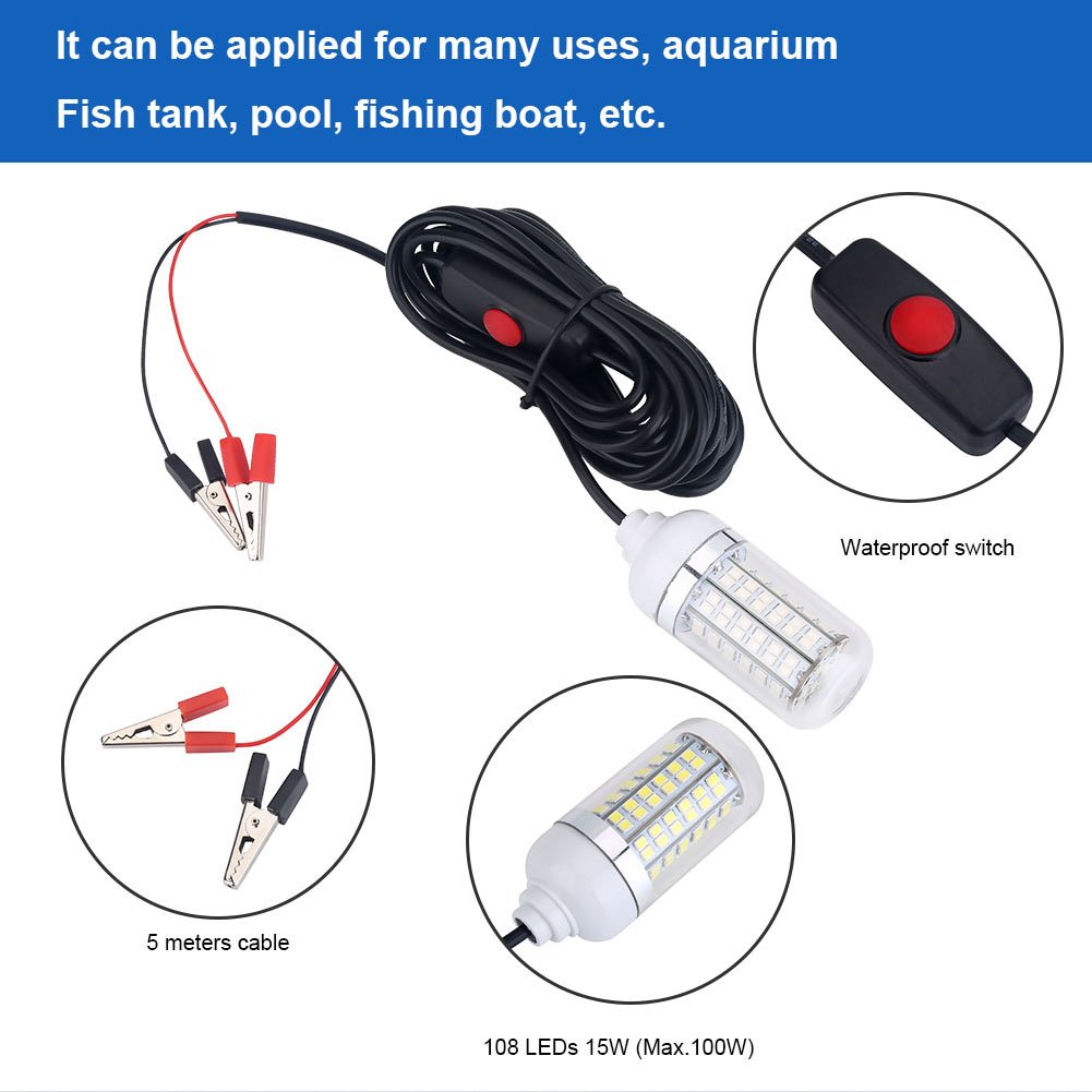 Zerone 12V 108LEDs Submersible Underwater Fishing Light - IP68 Waterproof LED Fish Attractor Lamp for Night Boat Fishing | Perfect for Deep Sea, Lake & River Fishing Adventures