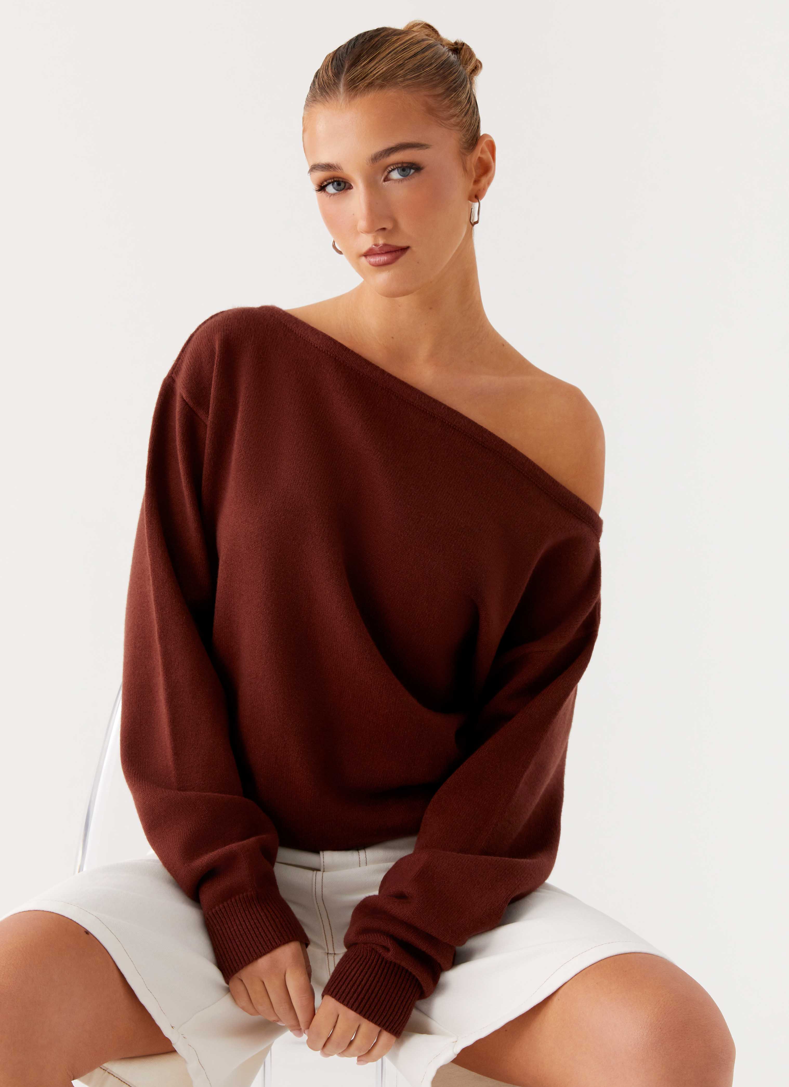 Jaelin Women's Asymmetric Tops - Stylish Chocolate Brown Blouse for Casual & Party Wear | Trendy Off-Shoulder Shirt for Date Night & Evening Outfits