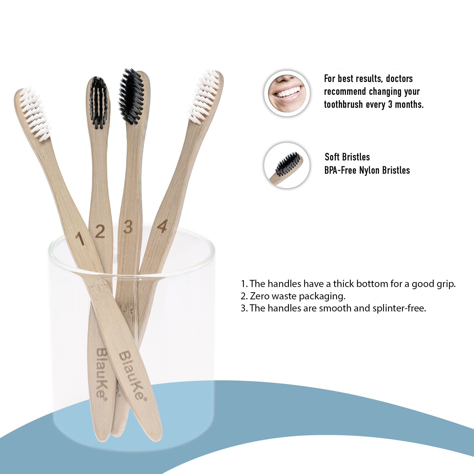 BlauKe Bamboo Toothbrushes Soft Bristles 4-Pack – Biodegradable & Eco-Friendly Natural Toothbrushes with Charcoal Bristles for Sustainable Oral Care – Perfect for Travel, Home, and Zero-Waste Lifestyle