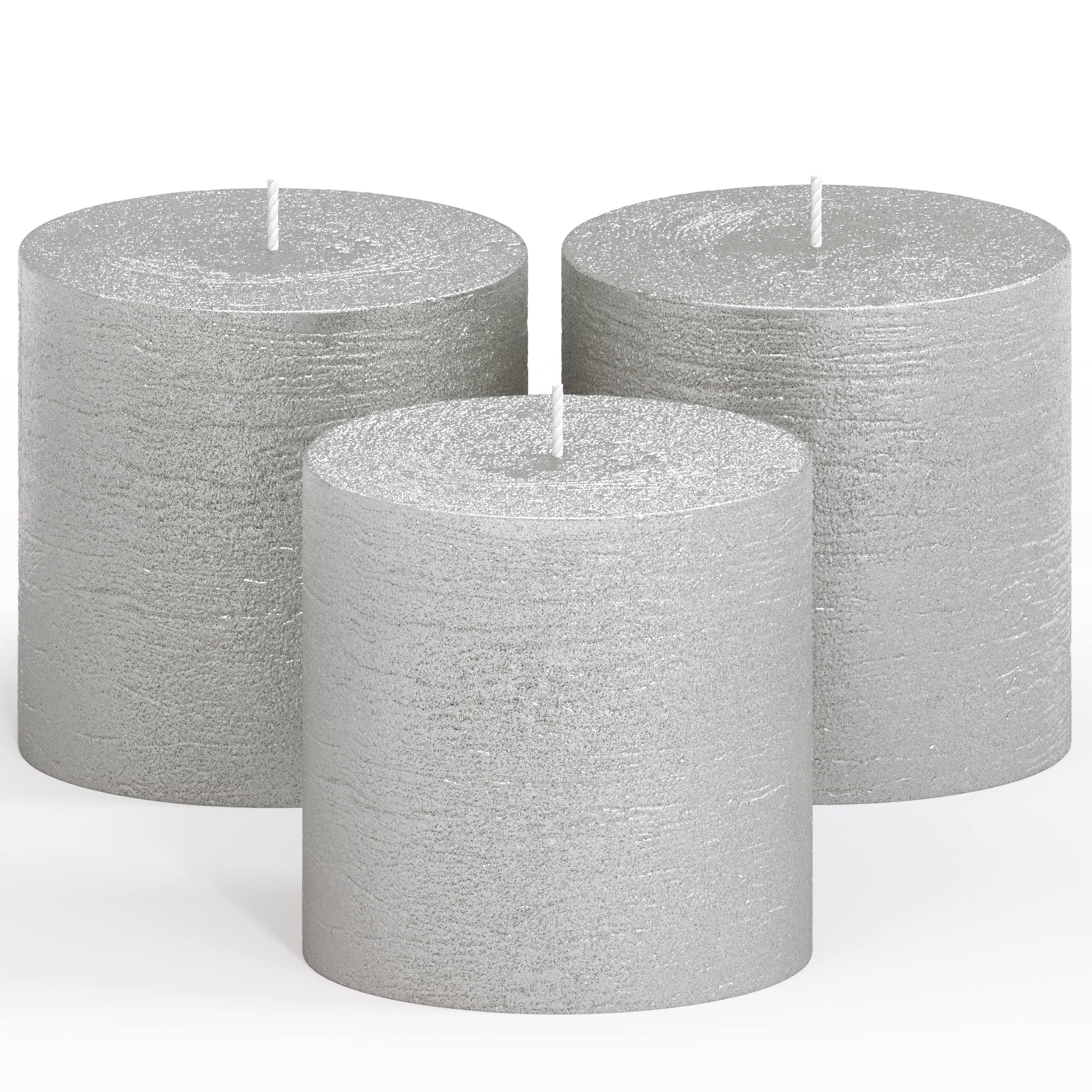 Premium CANDWAX 3x3 Inch Silver Glitter Pillar Candles - Set of 3 Unscented No-Drip Decorative Candles for Weddings, Home Decor & Special Occasions - Elegant Silver Candles for Centerpieces, Tablescapes & Romantic Ambiance