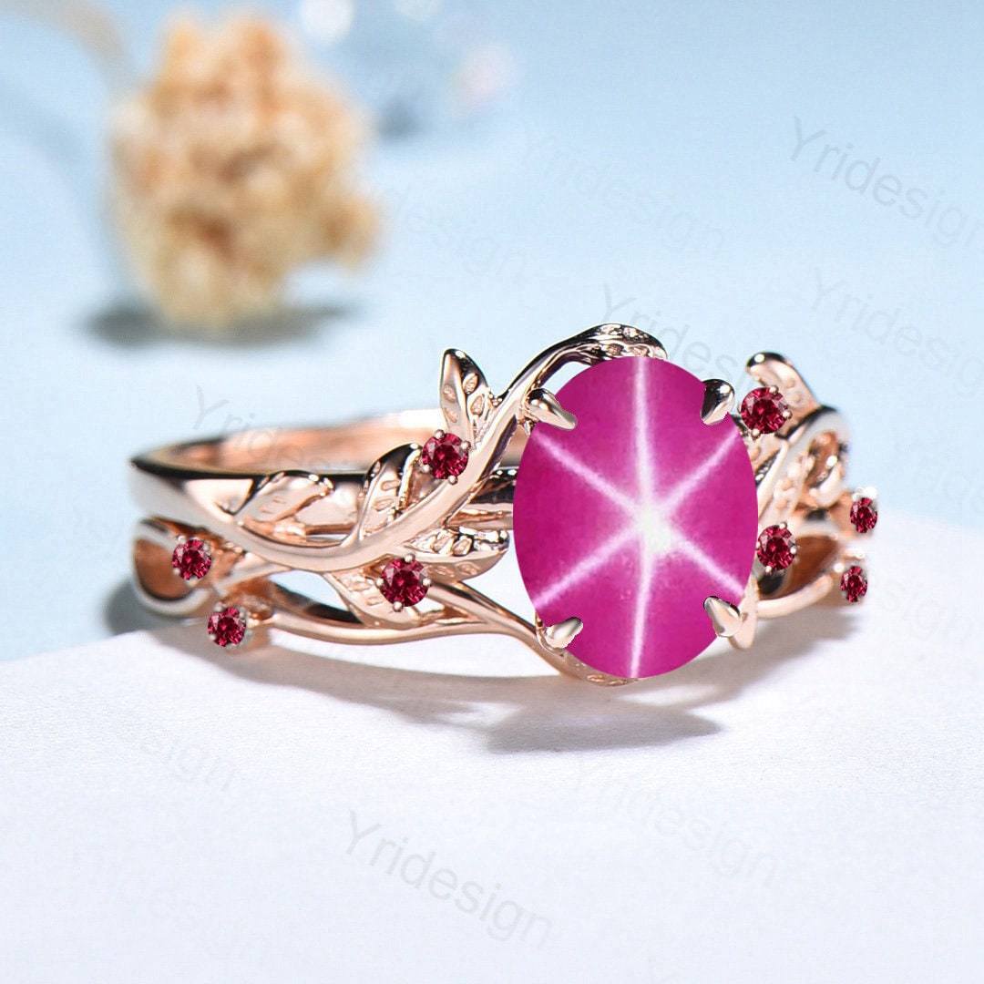Natural Pink Star Sapphire Ring Set - Unique Leaf Inspired Cluster Sapphire Galaxy Engagement Ring for Women - Twig Ruby Wedding Band Set - Perfect for Bridal, Anniversary, and Special Occasion Gifts