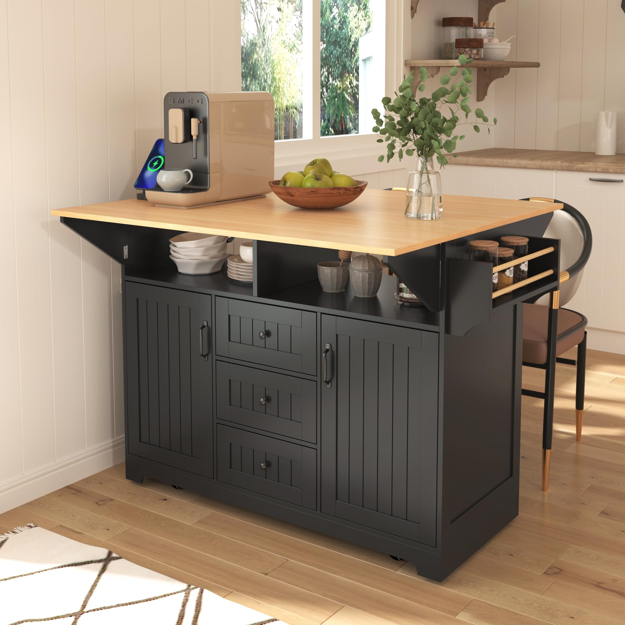 Modern Large Kitchen Island with 2 Drop Leaf, 5-Wheel Rolling Cart with Power Outlet, Folding Storage Dining Table for Kitchen & Dining Room - Black (Space-Saving Design for Small Kitchens, Perfect for Entertaining & Meal Prep)