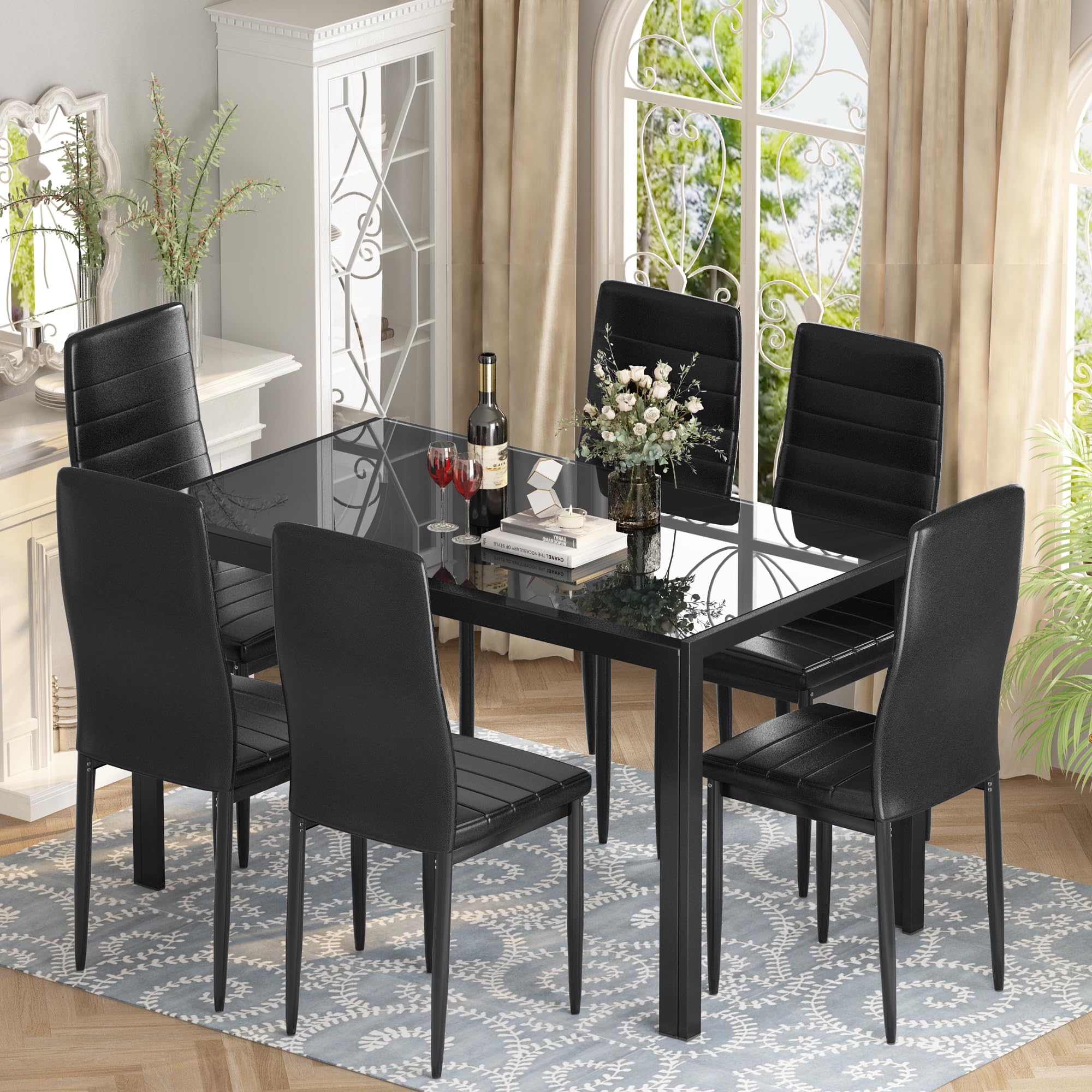 DKLGG 7-Piece Modern Glass Dining Table Set for 6 with PU Leather Chairs - Space Saving Kitchen Table for Small Spaces, Dinette, Apartment - Black | Perfect for Family Dinners, Entertaining Guests & Compact Living Areas