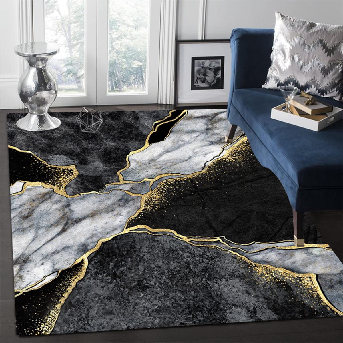 Vintage Modern Abstract Marble Pattern 5x7 Area Rug - Black Grey Gold Washable Carpet for Living Room, Bedroom, Dining Table | Soft Thick Art Deco Floor Rug | Farmhouse & Home Office Decor | Indoor Runner for Cozy Spaces