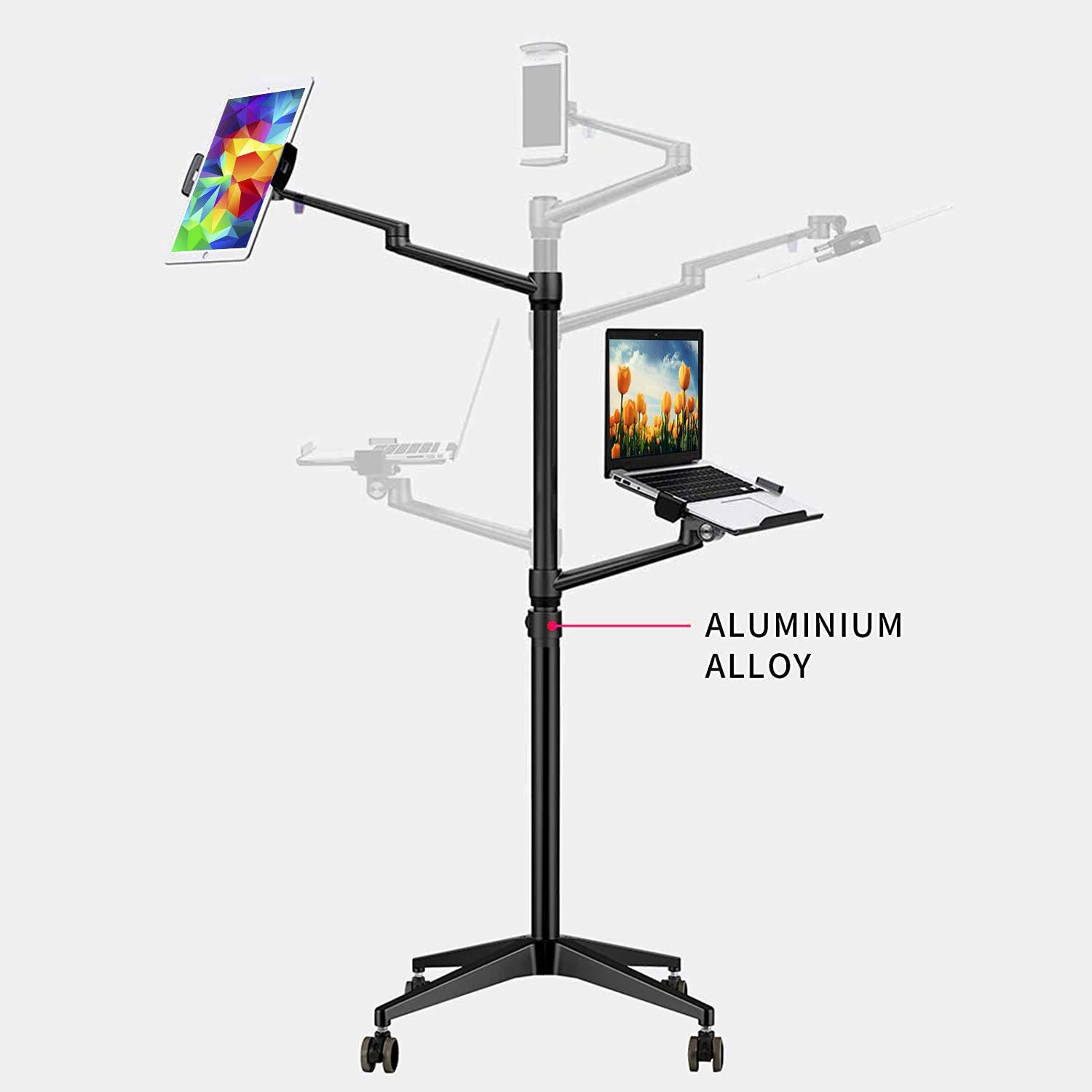 Adjustable Dual Arm Laptop Stand with Wheels for 11-17 inch Laptops, iPad, iPad Mini, iPad Pro 12.9 inch, Tablets & E-Readers - Black 4-Leg Design for Home Office, Gaming & Study Setup