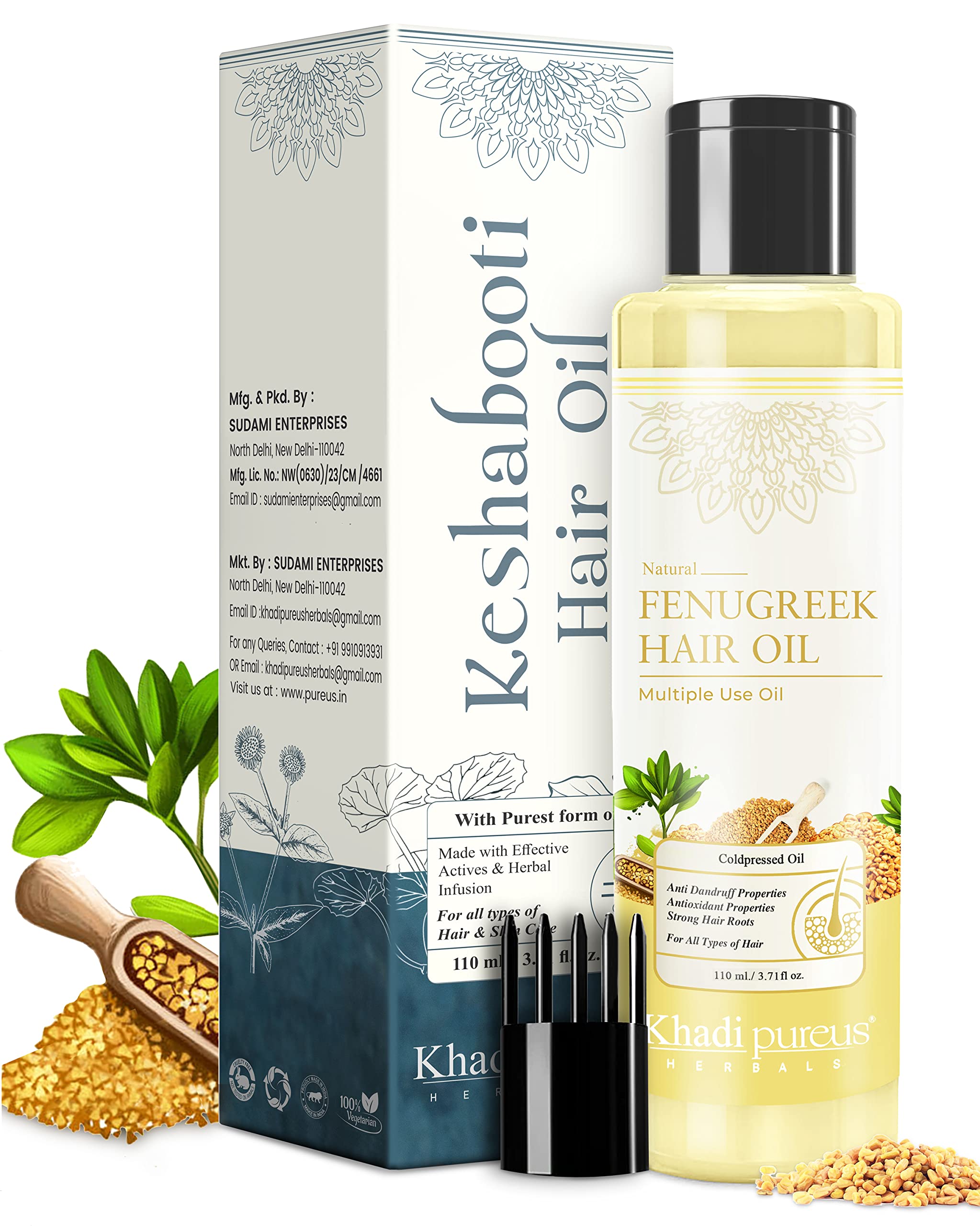 Khadi Pureus Herbals Keshabooti Fenugreek (Methi Dana) Oil - 110ml Hair Growth Oil for Women & Men | Anti-Dandruff, Frizz Control & Scalp Nourishment | Skin Care & Massage Oil with Comb Applicator | Perfect for Daily Hair Care Routine & Relaxing Scalp Massage