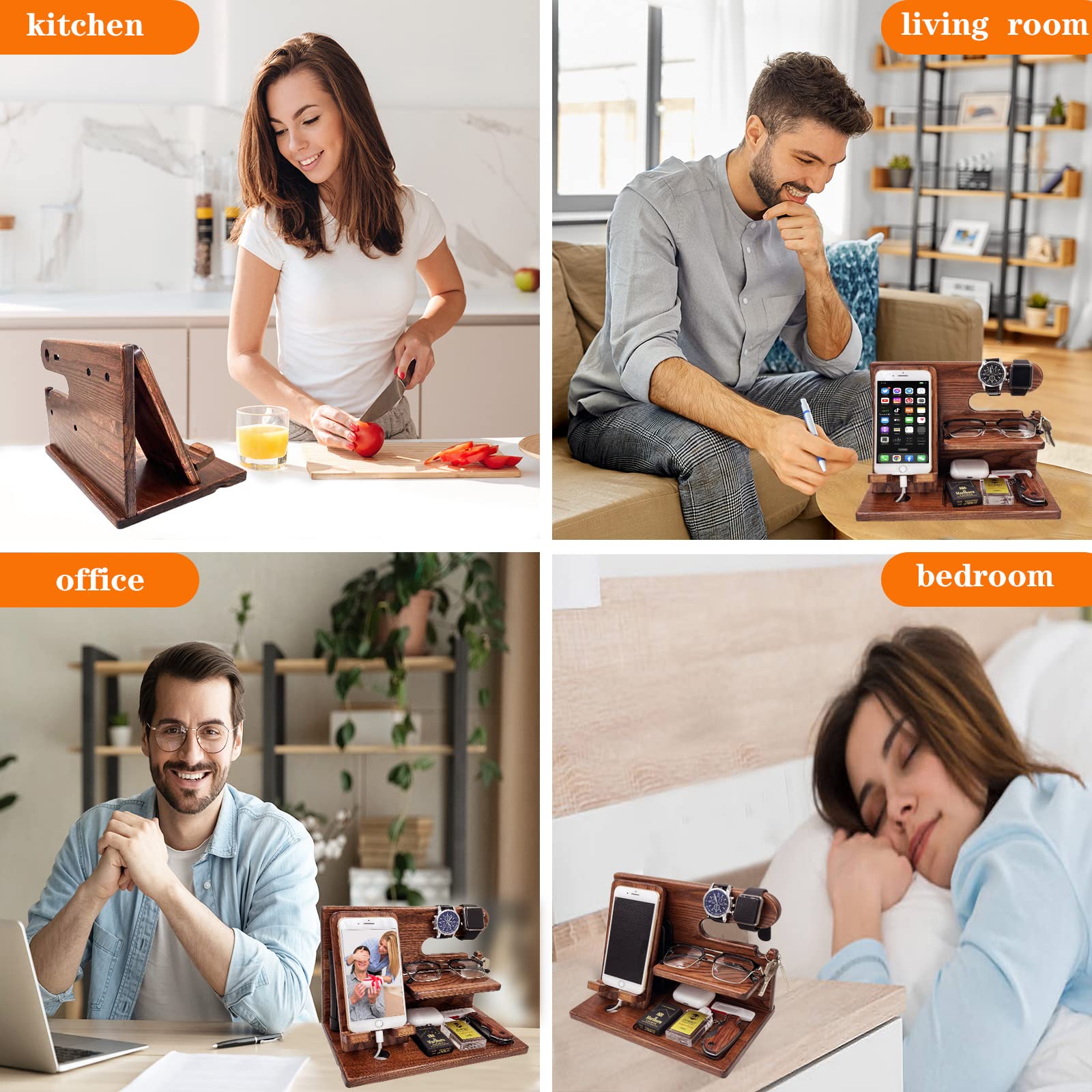 **Premium Wooden Phone Stand Holder - Best Birthday Gift for Men, Father's Day Gift from Daughter or Son - Nightstand Organizer for iPhone & Android - Elegant Brown (Perfect for Bedside, Office & Travel)**