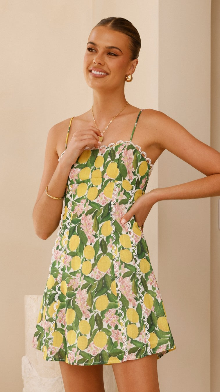 Cartia Mini Dress - Lemon Print Floral Summer Dress for Women, Casual Party Wear, Beach Vacation Outfit