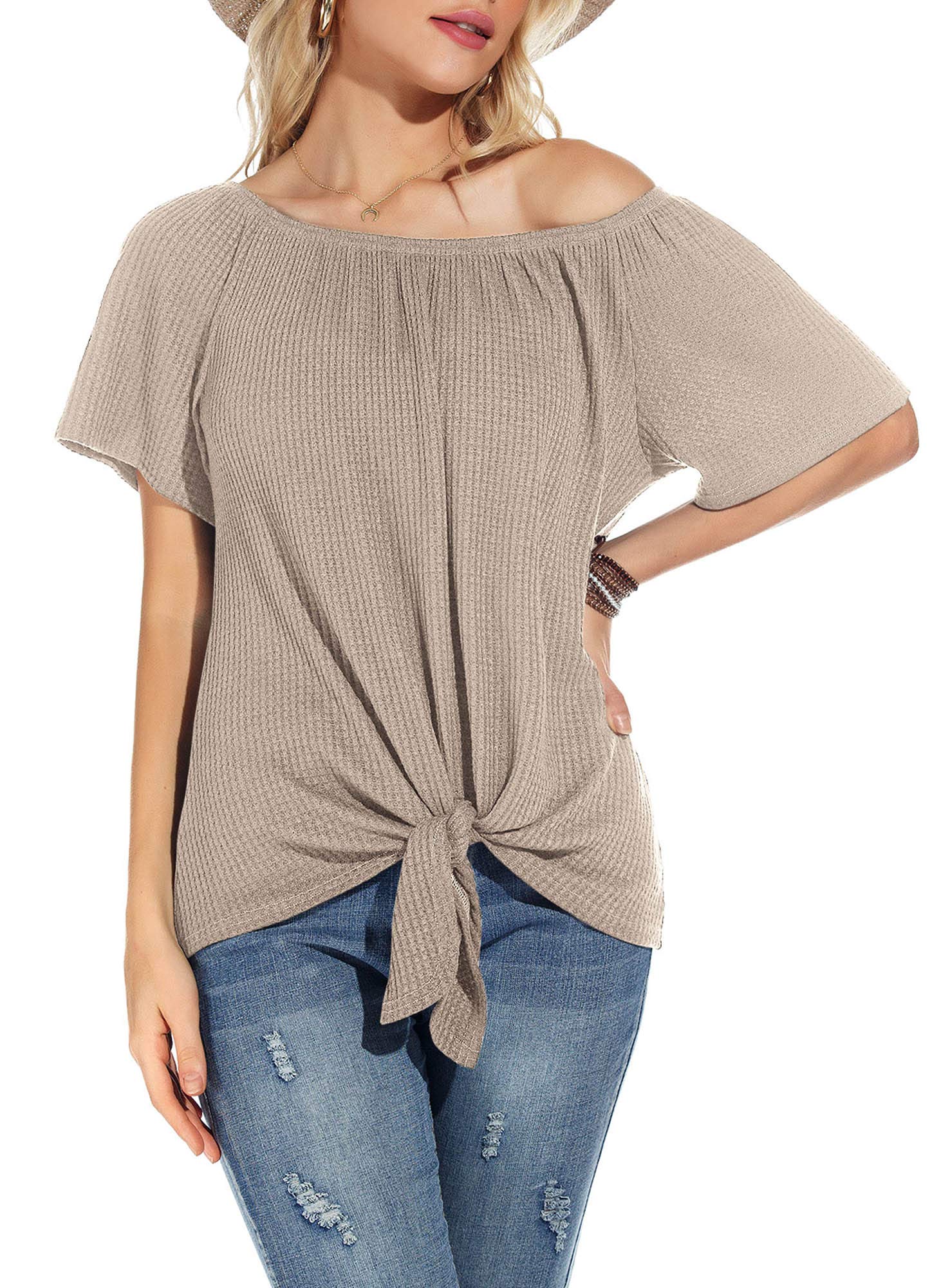 Women's Waffle Knit Off-Shoulder Top - Casual Short Sleeve Blouse with Tie Knot Detail | Summer Loose T-Shirt for Beach, Vacation & Date Night Outfits