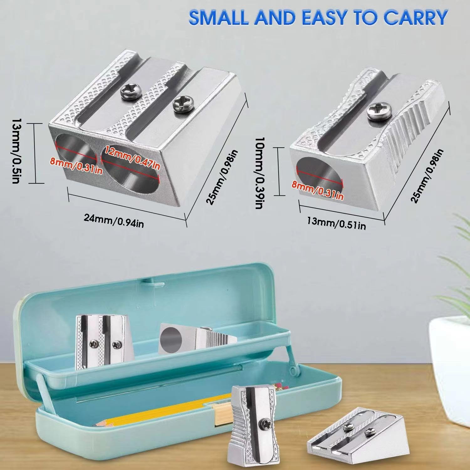 Metal Pencil Sharpeners 4pcs - Dual Hole for Graphite & Colored Pencils - Home & Office Use