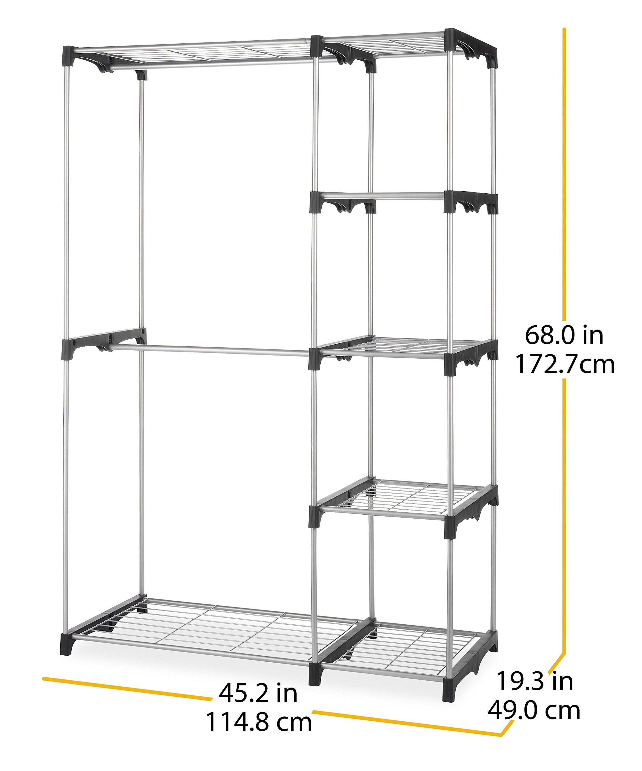 Whitmor Double Rod Freestanding Closet Organizer - Space Saving Clothes Storage System for Bedroom, Walk-in Closet & Dorm Room (Silver)
