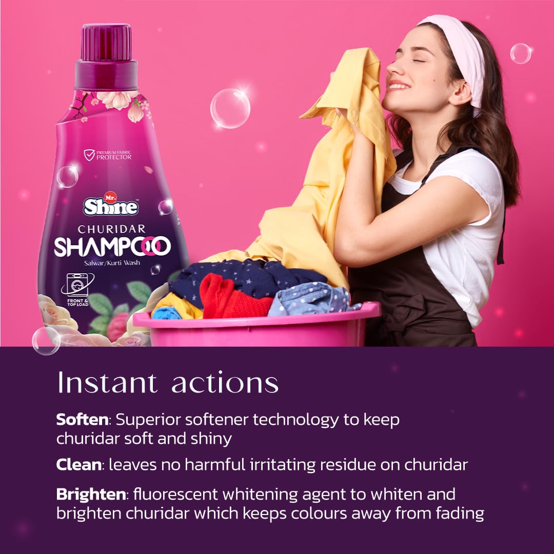 Mr Shine Churidar Shampoo 500ml - Professional Laundry Detergent for Color & Fabric Care with Fragrance (Pack of 2) | Gentle Wash for Delicate Clothes, Sarees & Ethnic Wear at Home or Laundry Business