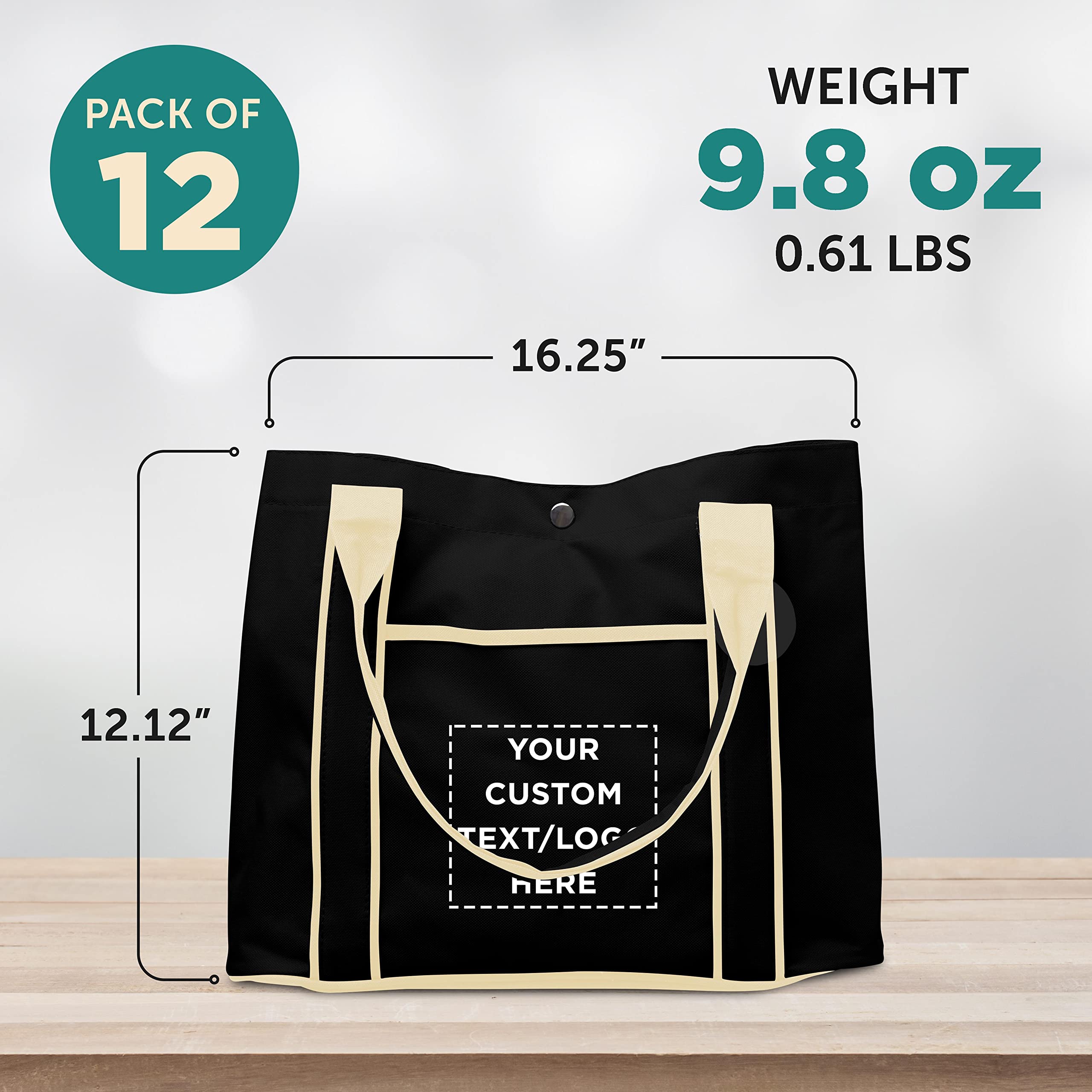 Custom Printed Polyester Tote Bags Bulk Pack - 12 Pack Personalized Fashion Totes with Reinforced Straps & Snap Closure - Durable Reusable Shopping Bags for Grocery, Beach, Work & Everyday Use - Black