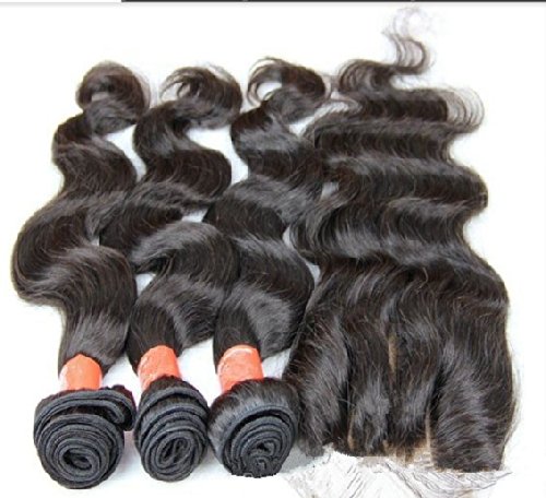DaJun Hair 8A 3-Way Part Lace Closure with 3 Bundles - Cambodian Virgin Remy Human Hair Body Wave (12
