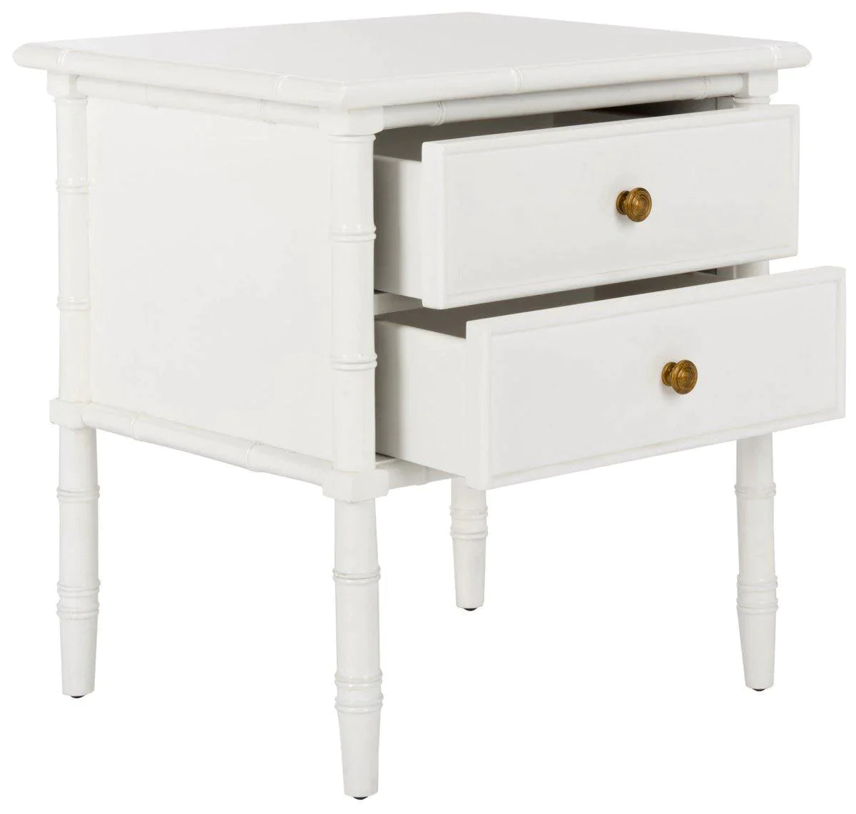 White Coastal Two-Drawer Bamboo Nightstand - Bedside Table for Bedroom, Living Room & Guest Room Decor