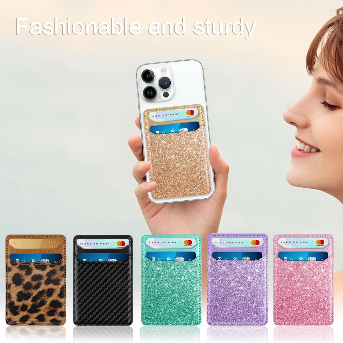 Self Adhesive Card Holder for Phone Back - Leather RFID Blocking Phone Wallet with Sticky Back - Credit Card Sleeve for Phone Case (Glitter Gold) - Perfect for Contactless Payments, ID Storage & Everyday Convenience