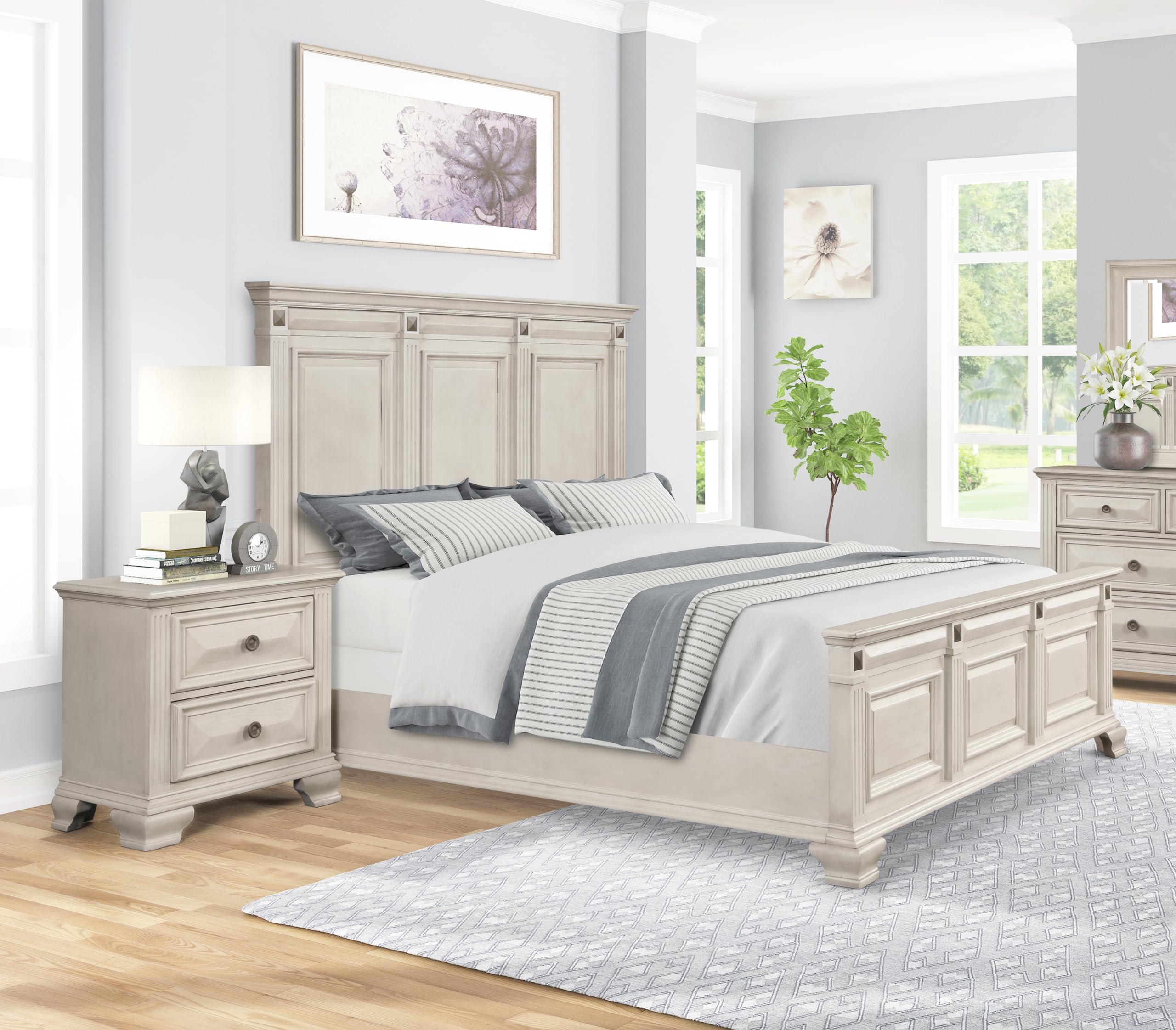 Roundhill Furniture Renova 3-Piece King Bedroom Set with Bed & 2 Nightstands in Distressed Silver Parchment - Modern Bedroom Furniture for Master Suite & Guest Room Decor