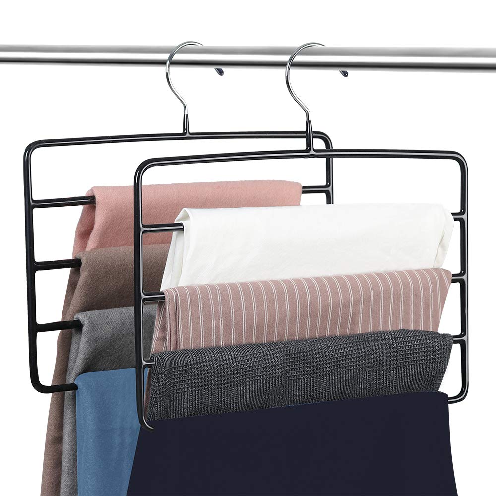 Space Saving 4-Tier Pants Hanger Set - 4 Pack Chrome Metal Hangers with Non-Slip Rubber Coating - Closet Organizer for Pants, Jeans, Trousers, Scarves, Ties & Towels - Perfect for Small Closets, Laundry Rooms & Dorm Organization