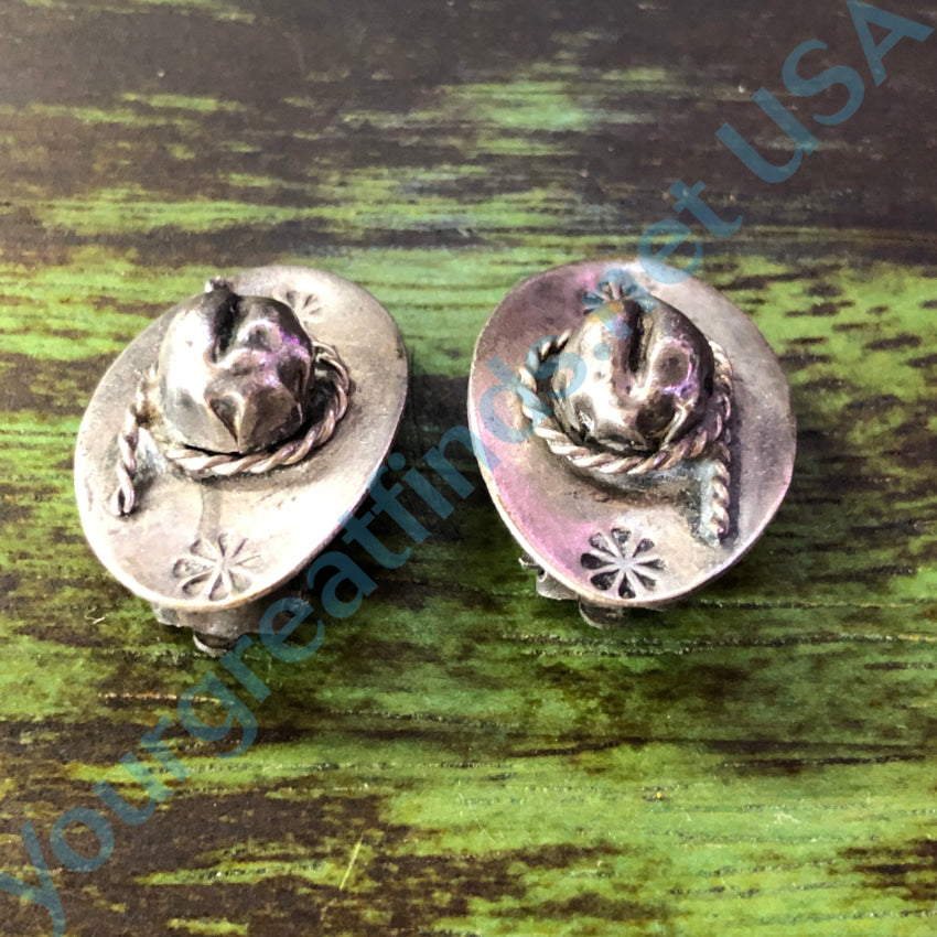 Vintage Mexican Sterling Silver Western Hat Clip-On Earrings for Women – Handmade Boho Cowgirl Jewelry – Perfect for Rodeo, Country Music Festivals & Western Fashion