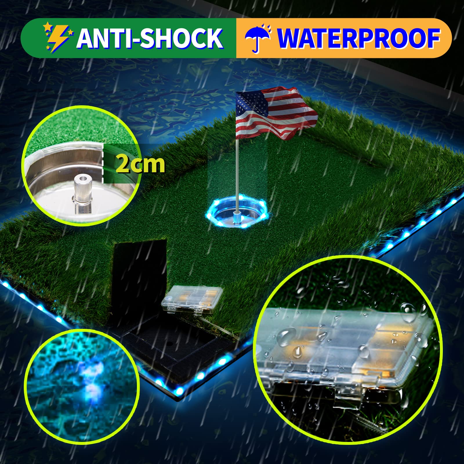LED Floating Golf Green for Pool - 16 Color Remote Control Chipping Mat with Ring & Edge Lights - Perfect for Nighttime Backyard Swimming Pool Games & Outdoor Entertainment