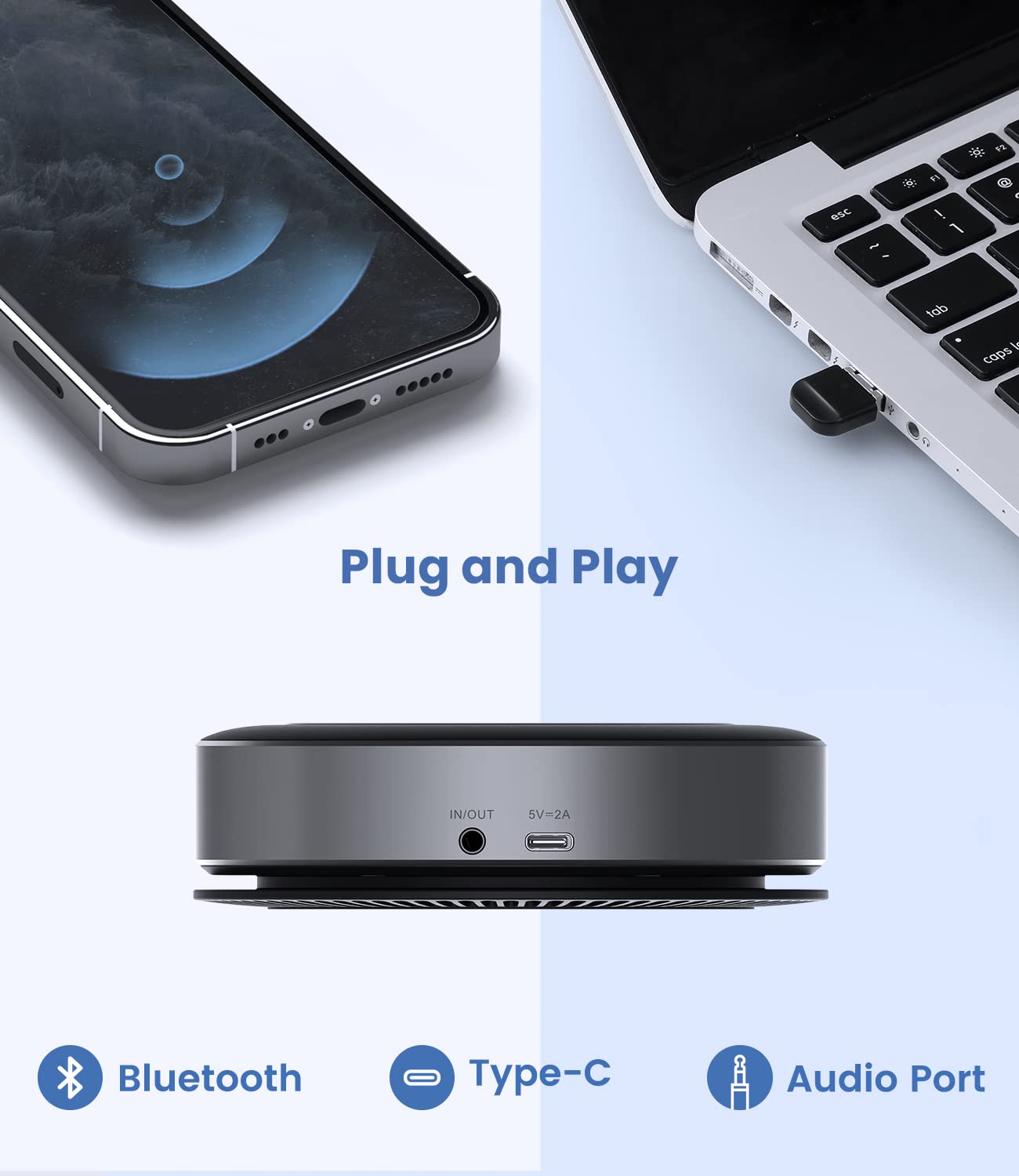 Upgraded BM21 Bluetooth Conference Speakerphone with Wireless Charging - 6 Microphone Array, 360° Voice Pickup & Noise Cancellation for Home Office, Online Meetings & Webinars | USB Speaker for Crystal Clear Calls & Wireless Charging Station