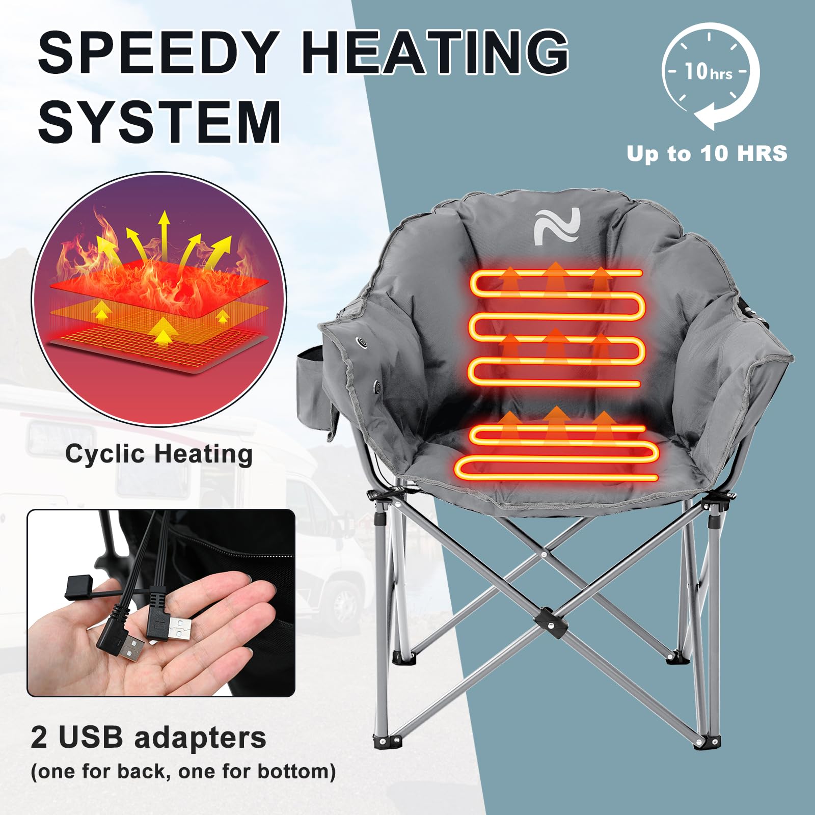 MOPHOTO Heated Camping Chair - Portable Outdoor Folding Chair with Padded Seat & Heating Function for Adults - Perfect for Camping, Hunting, Fishing, Backyard, Patio, and Beach Relaxation