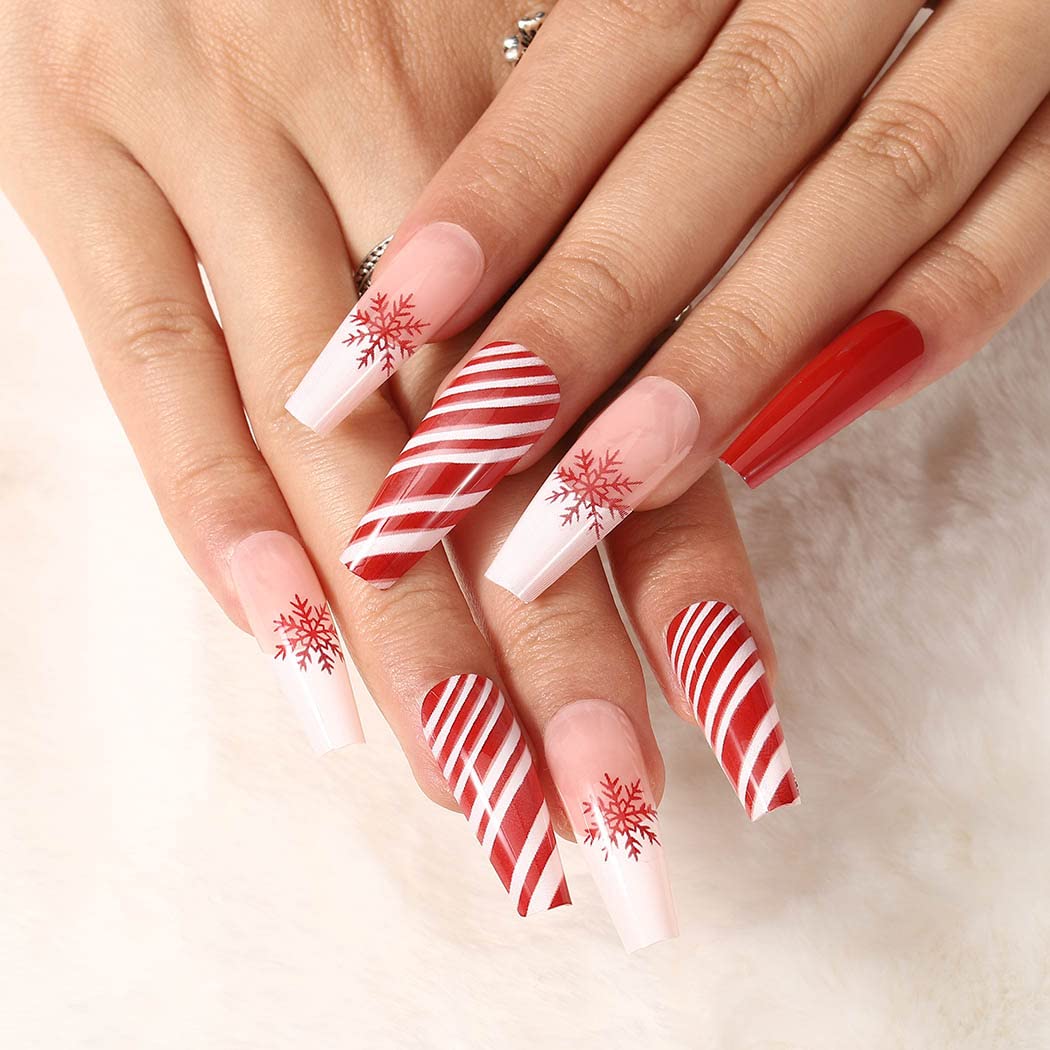 **Aksod 24Pcs Christmas Press on Nails - Glossy Red Coffin Fake Nails with Snowflake Design, Super Long Ballerina Full Cover Artificial Nails for Women & Girls | Perfect for Holiday Parties, Gift Giving & Special Occasions**