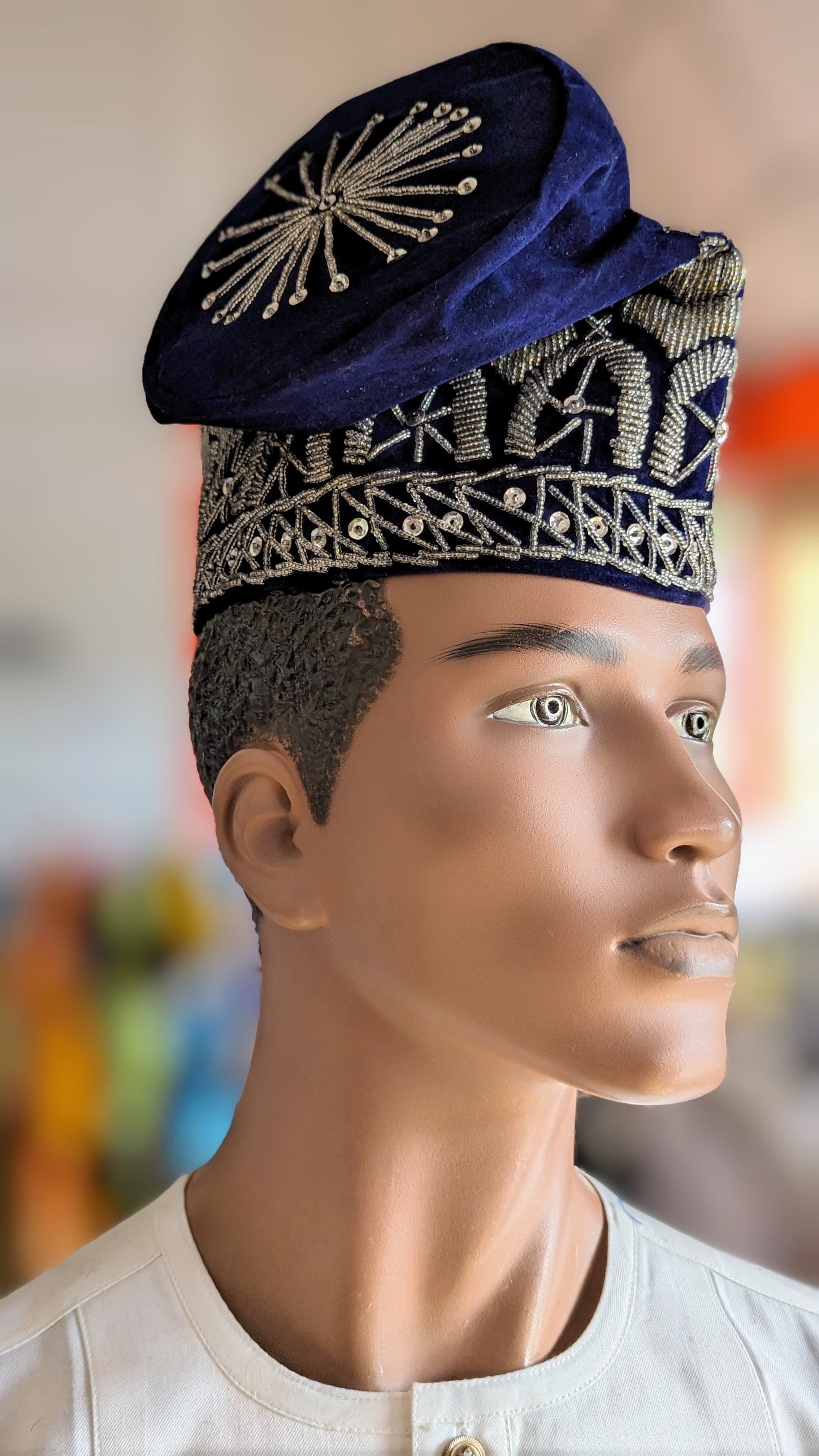 Dupsie's Navy Blue & Silver Nigerian Velvet Fila Kufi Cap - Traditional African Hat for Men - Perfect for Weddings, Cultural Events & Special Occasions