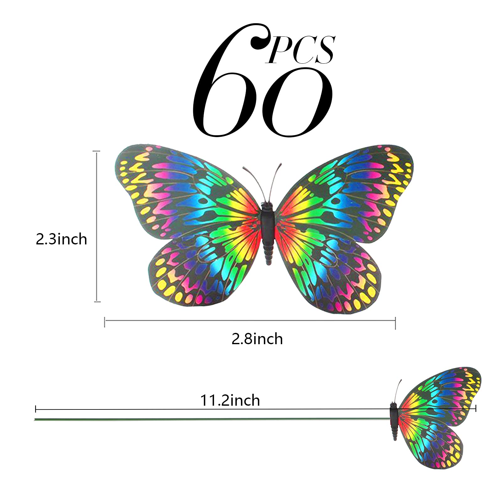 60 Pcs Colorful 11.2 Inch PVC Waterproof Butterfly Garden Stakes - Outdoor Yard Decorations for Garden, Party & Wedding Decor - Durable Weatherproof Butterfly Decor for Patio, Lawn, Backyard & Landscape Design