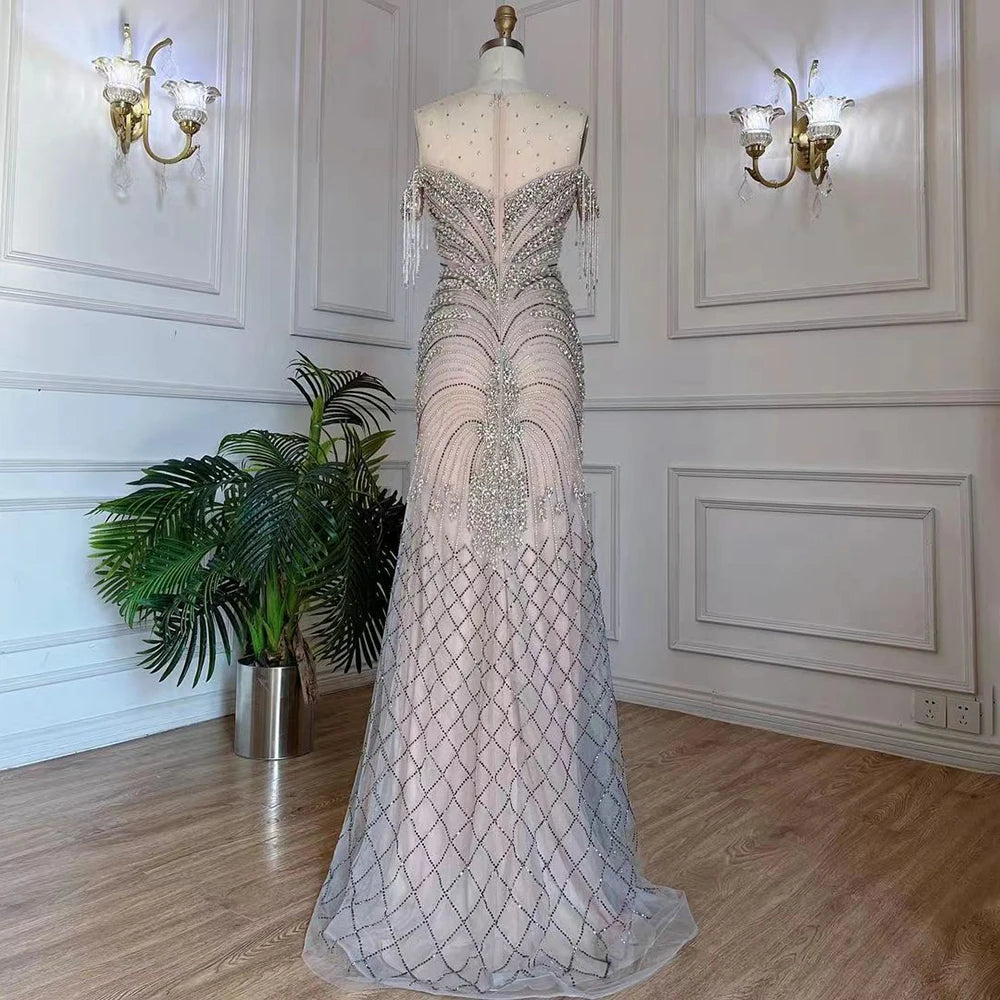 Elegant Arabic Silver Nude Mermaid Evening Gown with Tassel Beading - Luxury Dubai Party Dress for Women - Perfect for Formal Events, Weddings & Red Carpet Occasions