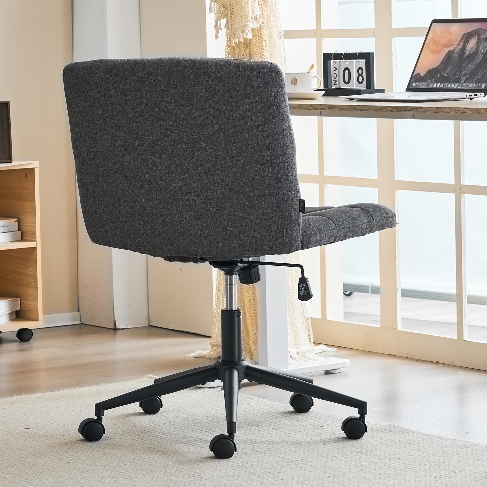 Furnimart Criss Cross Desk Chair with Wheels - 360° Swivel Wide Seat Cross Legged Office Chair with Thick Cushion, Armless Home Office Chair for Bedroom, Vanity & Study - Sturdy & Comfortable (Linen Gray) - Perfect for Small Spaces, Gaming & Remote Work