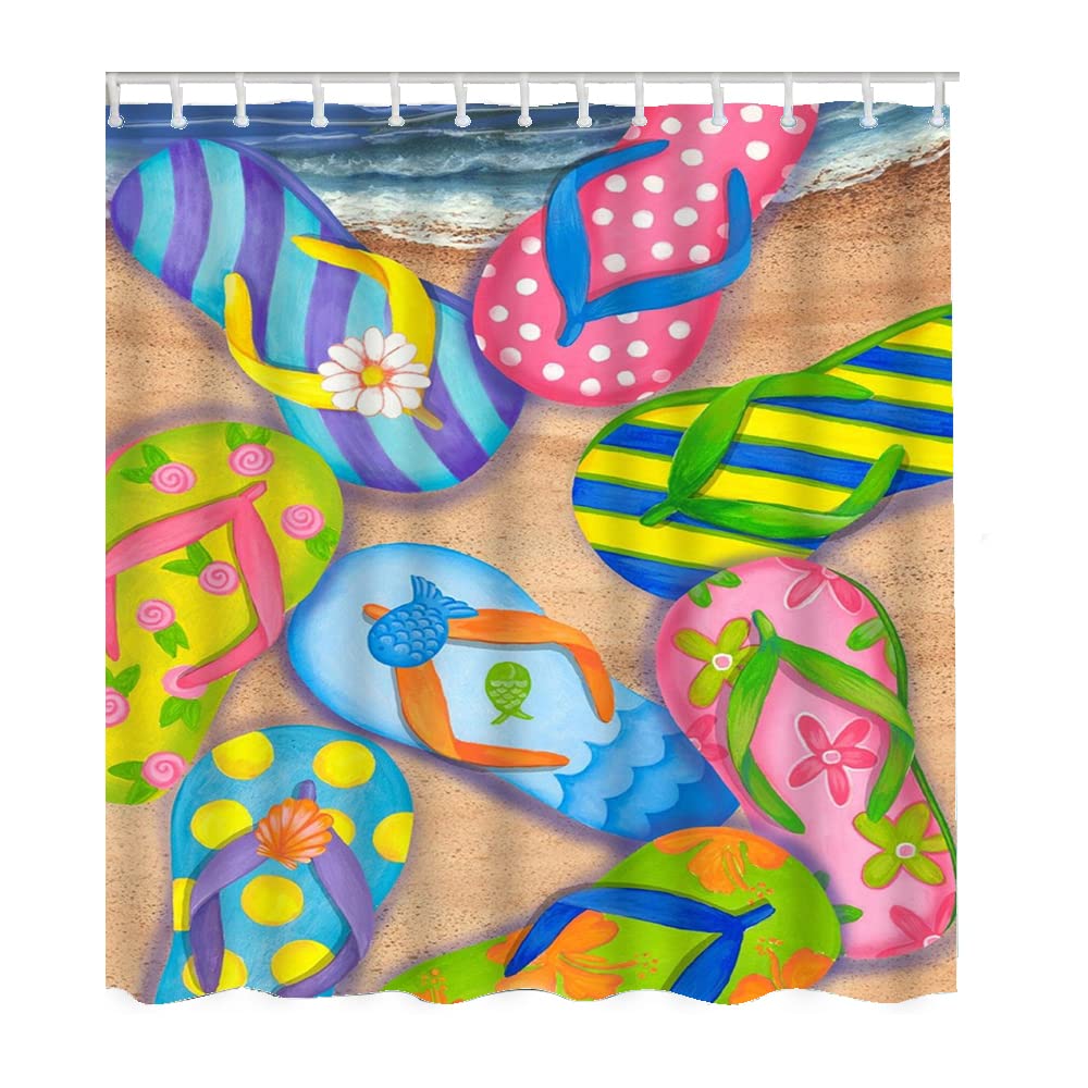 Colorful Flip Flops Shower Curtain - 72×72 Inch Beach & Bathroom Decor with 12 Hooks | Summer Fashion Fabric Bath Curtain for Shower, Poolside & Coastal Home Decor